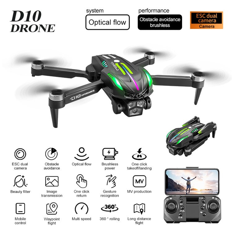 D10 Obstacle Avoidance Brushless Motor Quadcopter HD Aerial Photography Remote Control Drone, 3 Batteries