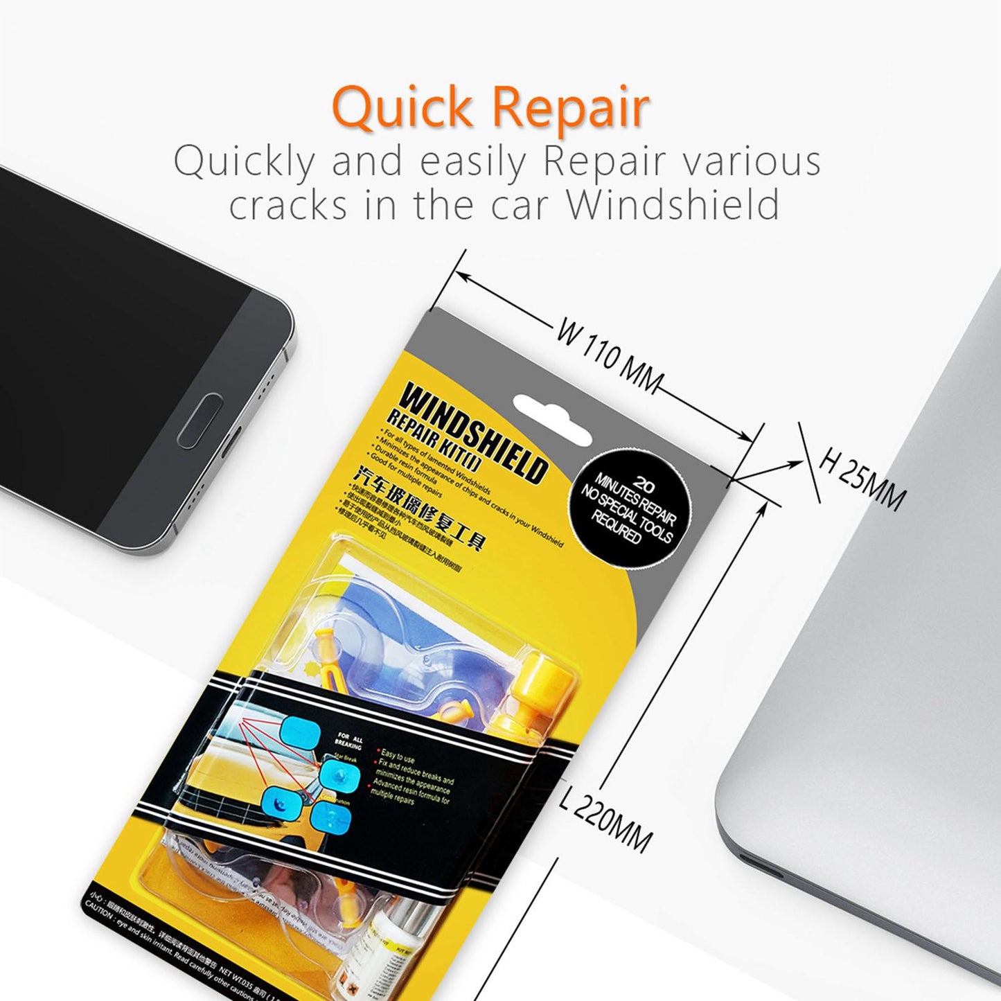 Windshield Repair Kit , to Fix Auto Glass Windshield Crack Chip Scratch