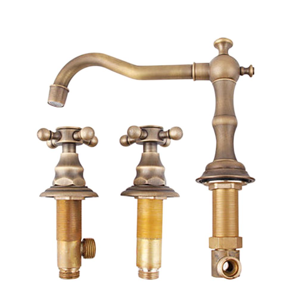 Bronze Two Handles Three Holes Bathroom Sink Faucet Cold & Hot Mixed Rotate Water Faucet