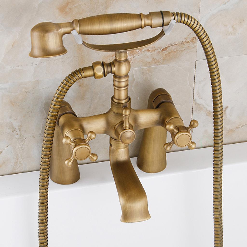 Antique Brass Cross Handle Bath Filler Mixer Taps Bathtub Shower Faucet Kit