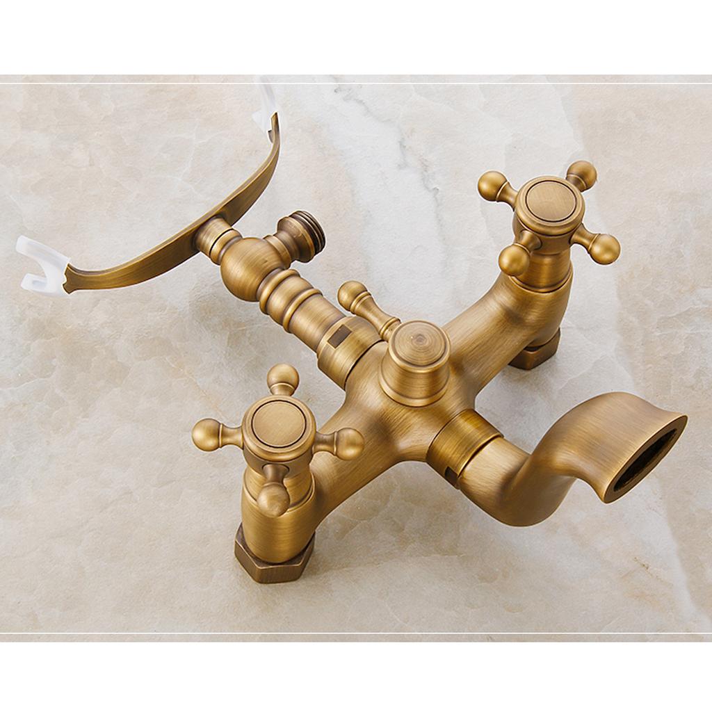 Antique Brass Cross Handle Bath Filler Mixer Taps Bathtub Shower Faucet Kit