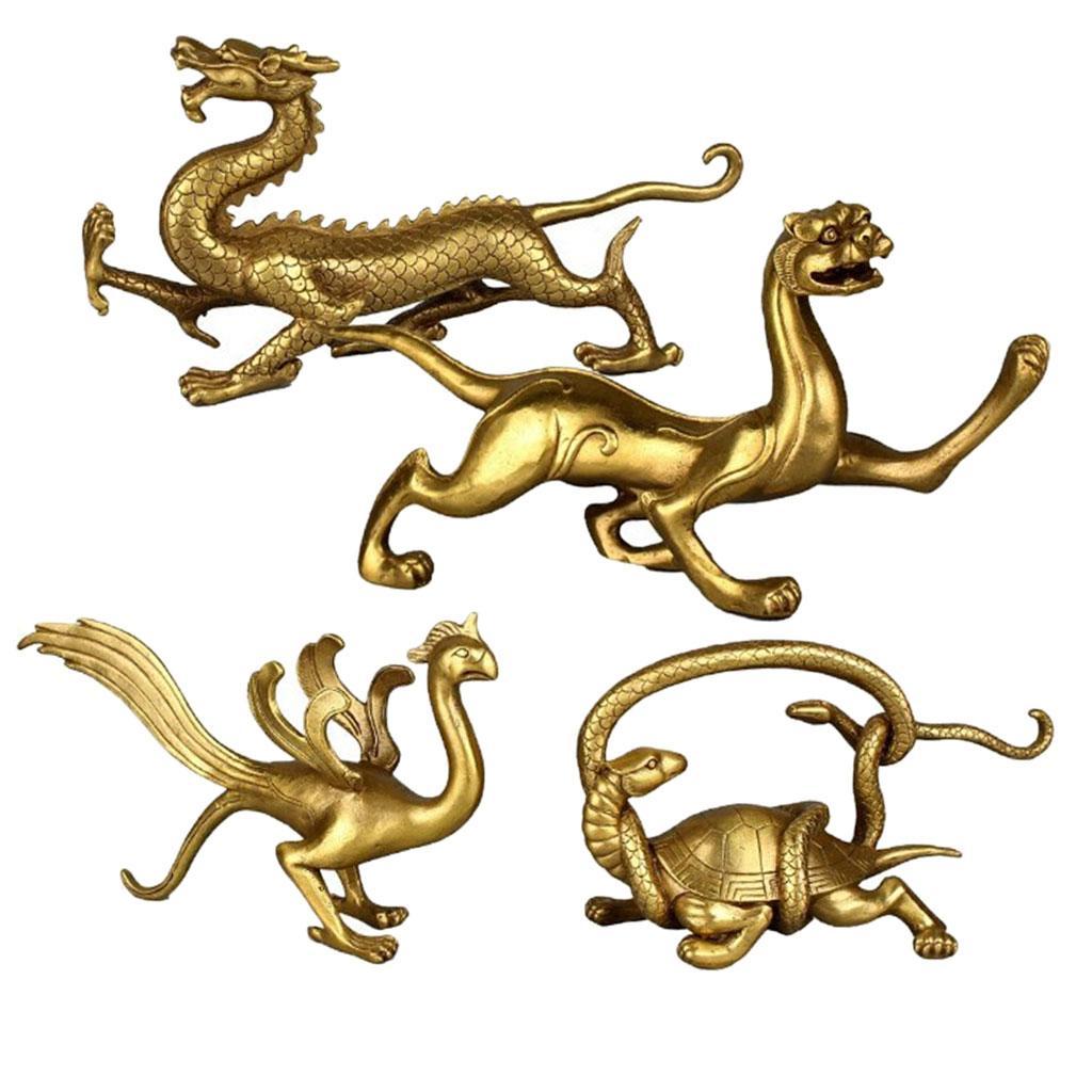 Chinese Folk Beast God Golden Copper Lucky Dragons  Fengshui Figurine Decor 4-set - East/West/North/South Orientation