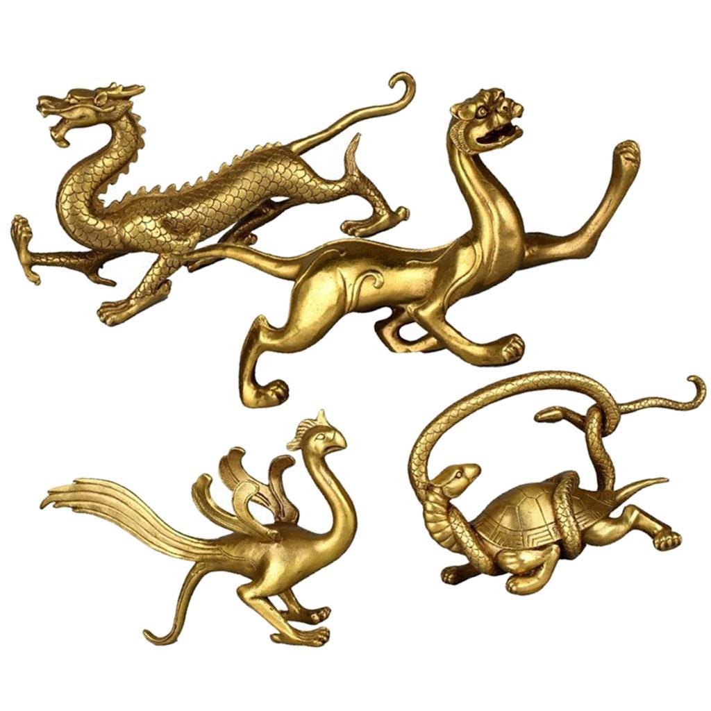 Chinese Folk Beast God Golden Copper Lucky Dragons  Fengshui Figurine Decor 4-set - East/West/North/South Orientation