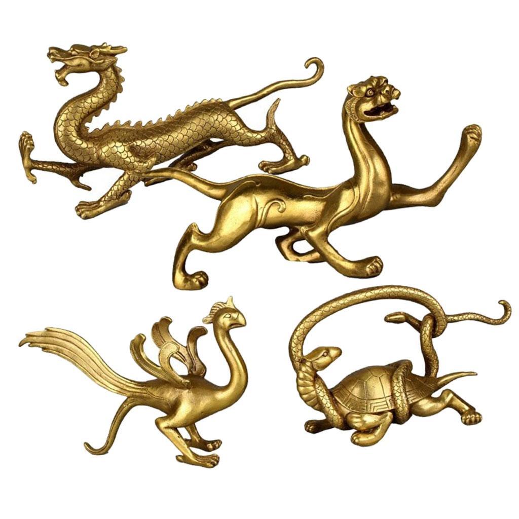 Chinese Folk Beast God Golden Copper Lucky Dragons  Fengshui Figurine Decor 4-set - East/West/North/South Orientation