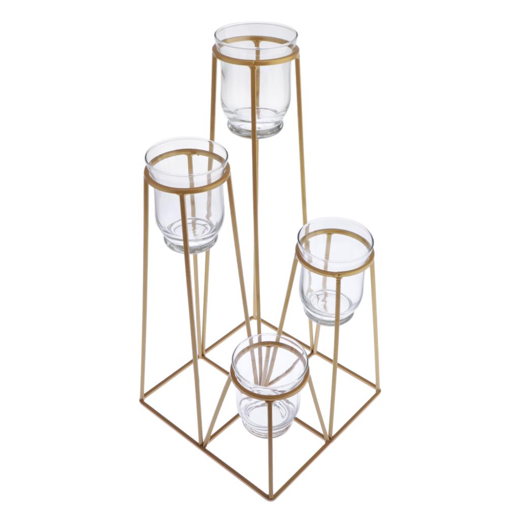 4-Tier Golden Iron Standing Flower Plant Rack with 4 Glass Flower Vases