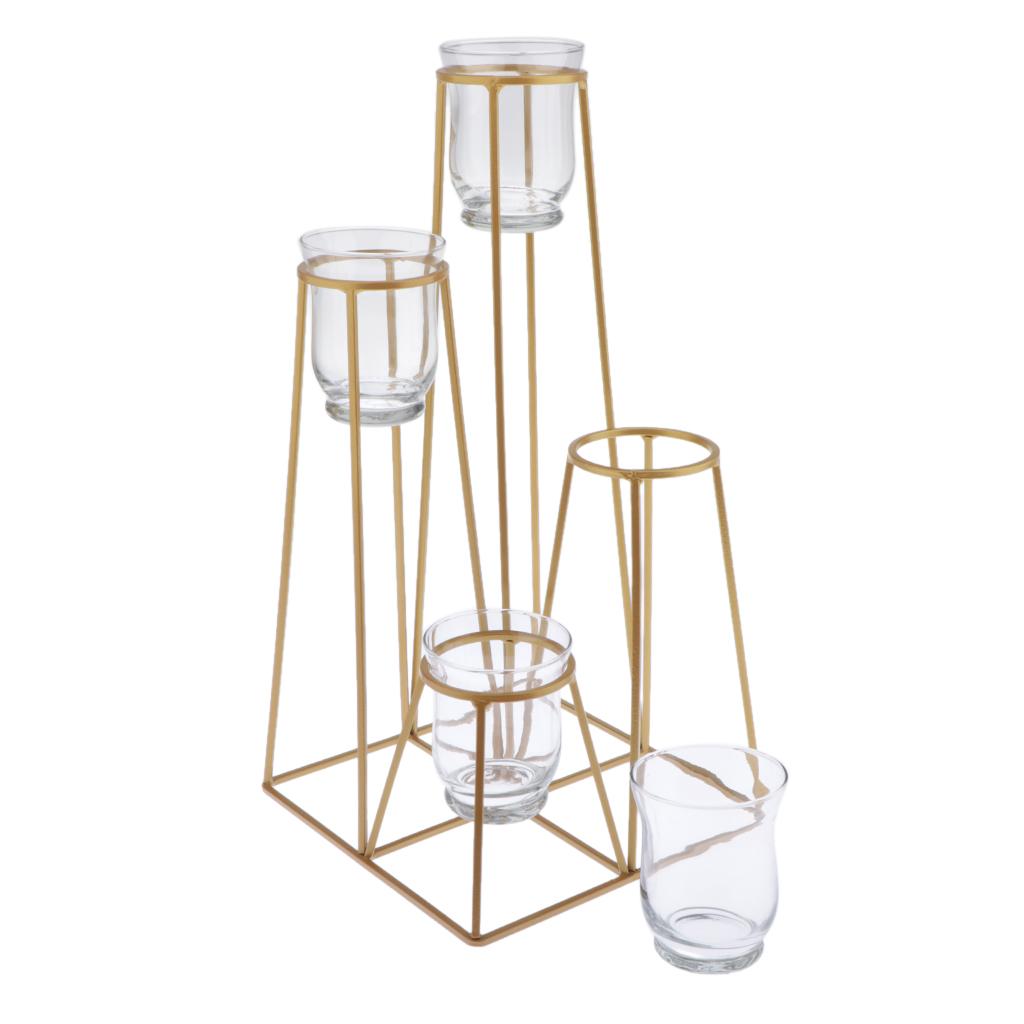 4-Tier Golden Iron Standing Flower Plant Rack with 4 Glass Flower Vases