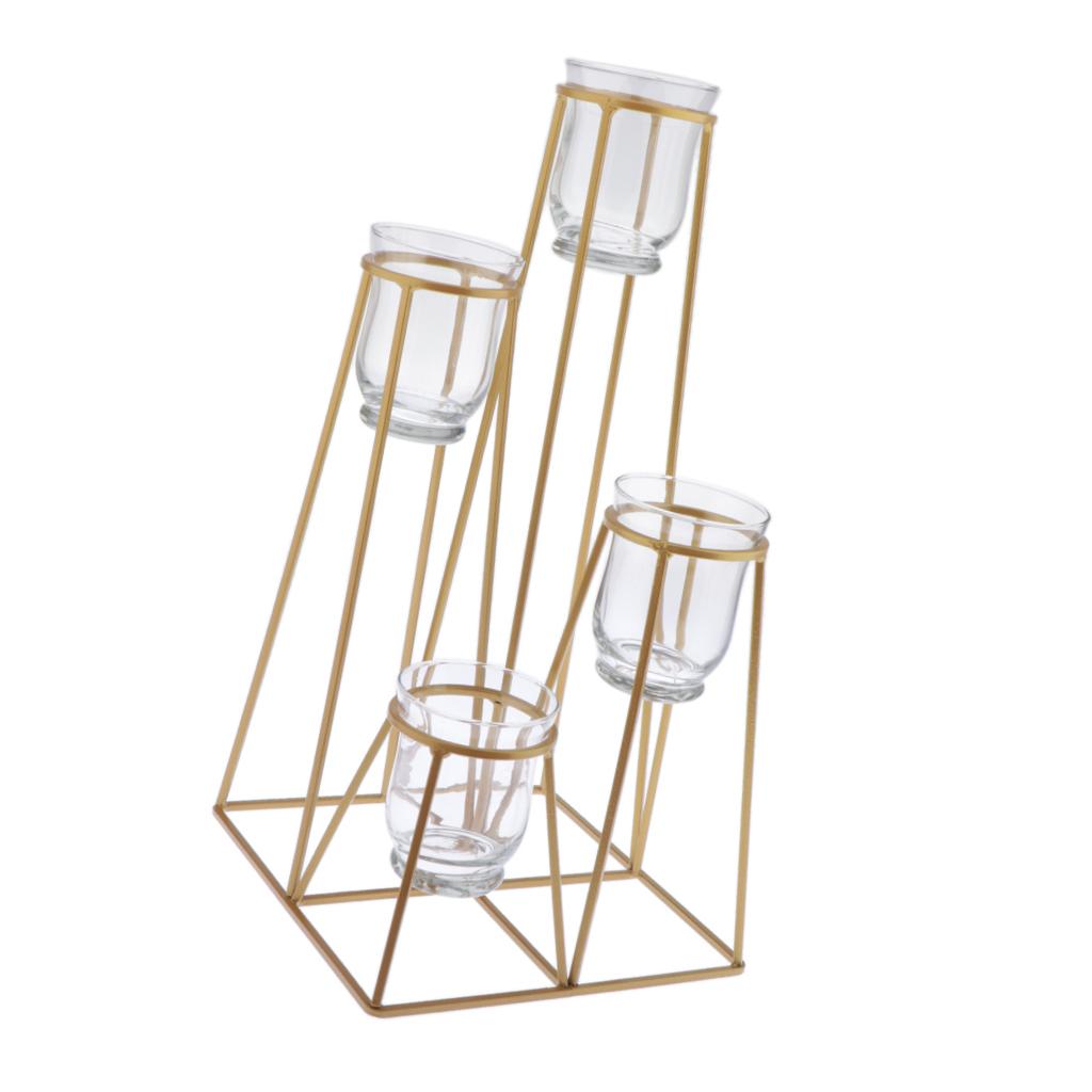 4-Tier Golden Iron Standing Flower Plant Rack with 4 Glass Flower Vases