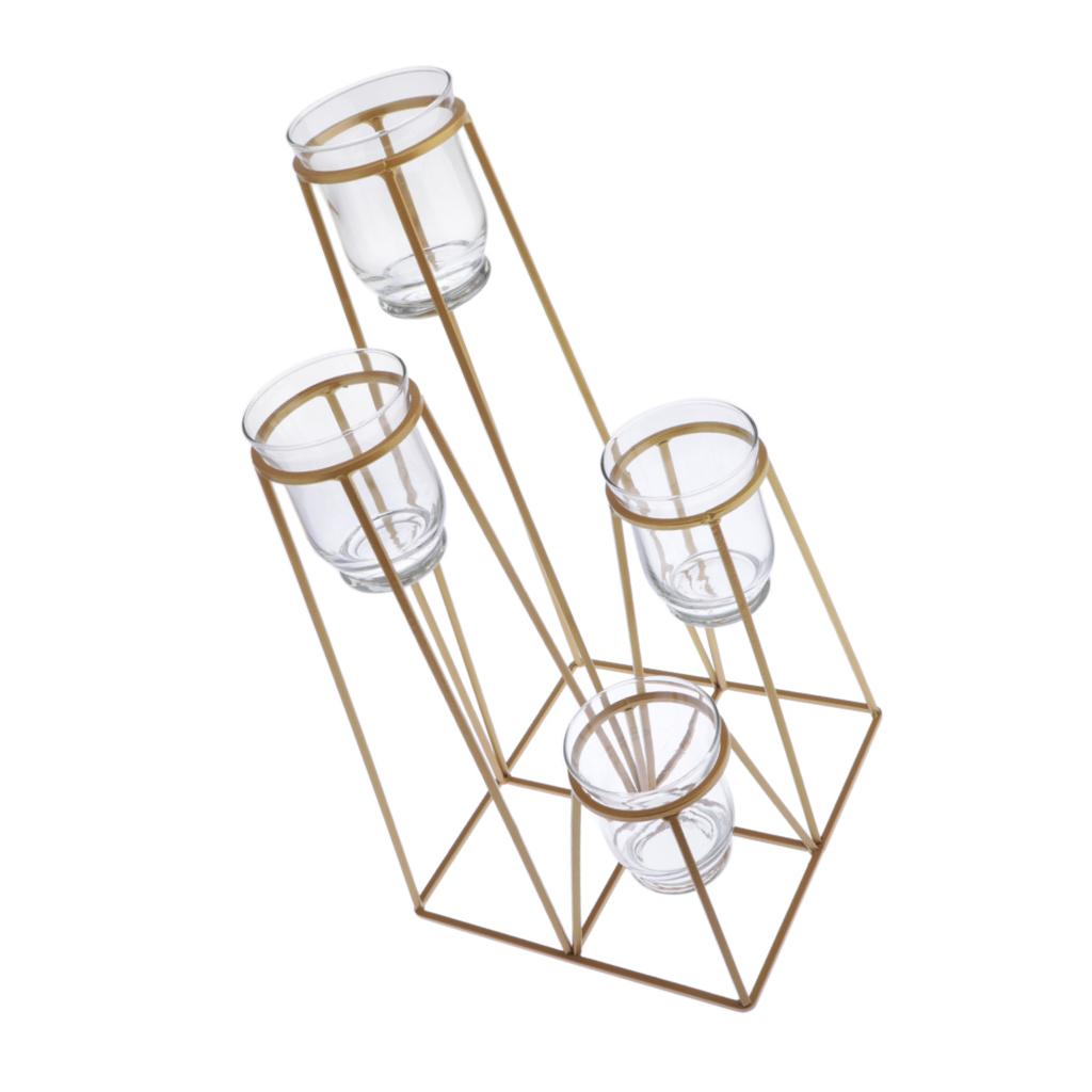 4-Tier Golden Iron Standing Flower Plant Rack with 4 Glass Flower Vases