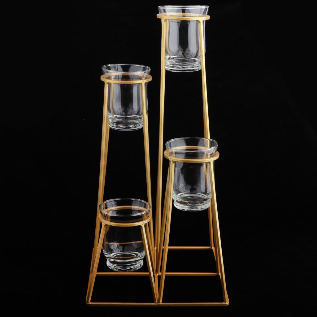 4-Tier Golden Iron Standing Flower Plant Rack with 4 Glass Flower Vases