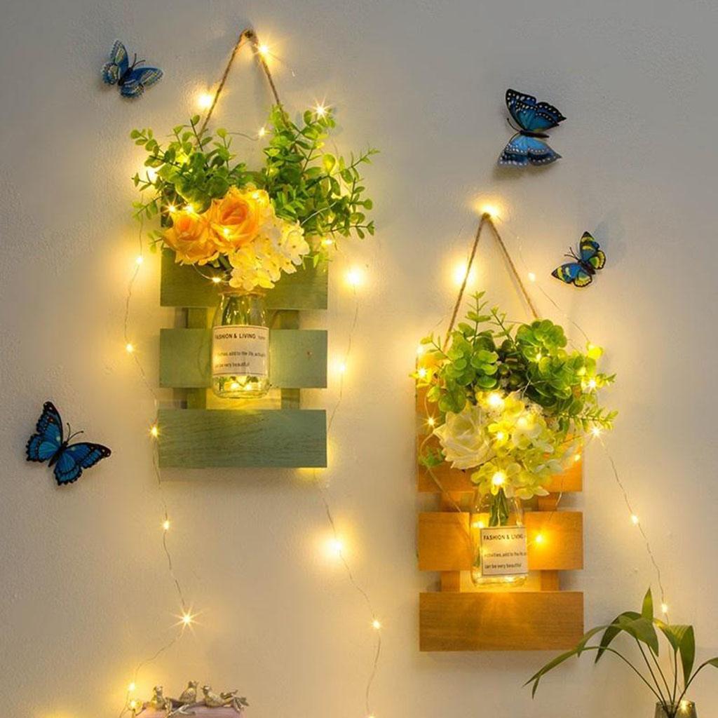 Rustic Fairy Light Artificial Floral Hanging Mason Jar Wall Sconce Yellow