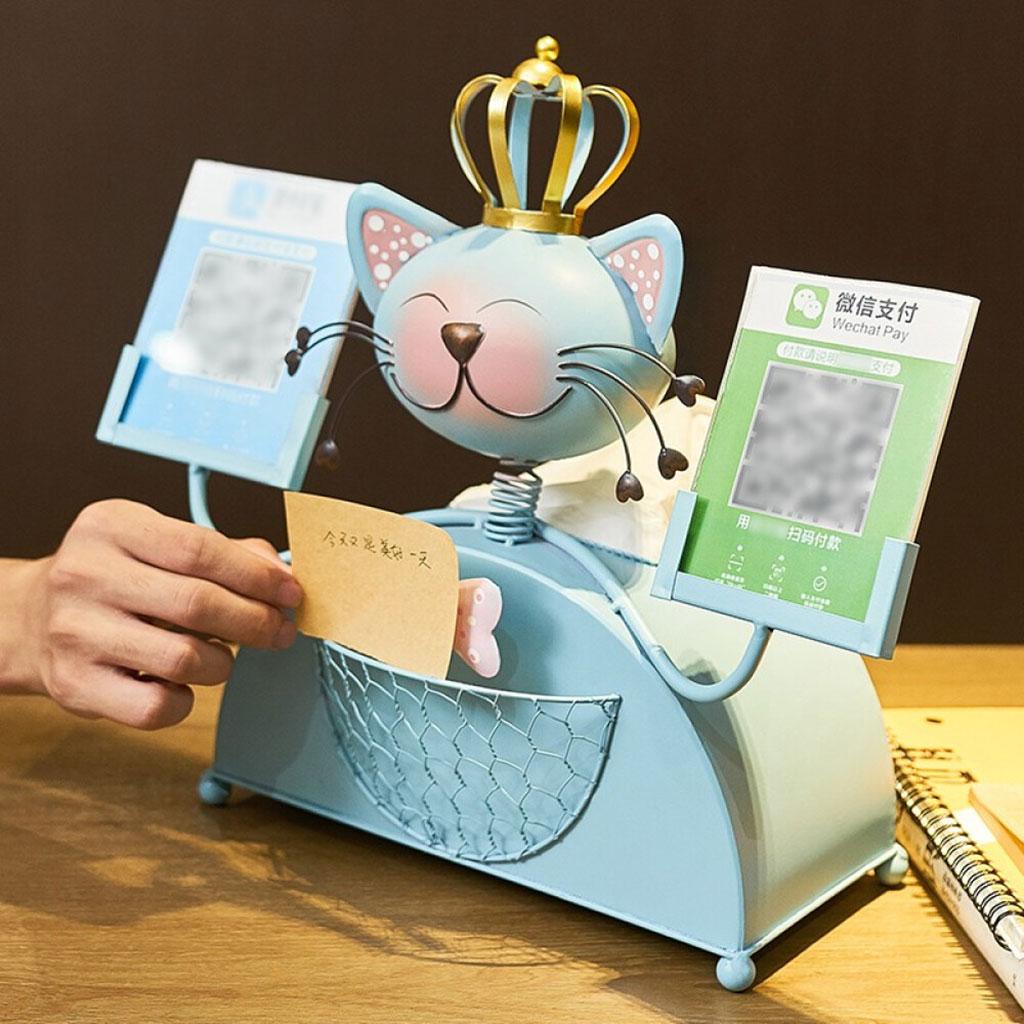 Multi-Function Cash Tissue Box Case Lucky Cat Ornaments Opening Gift Blue