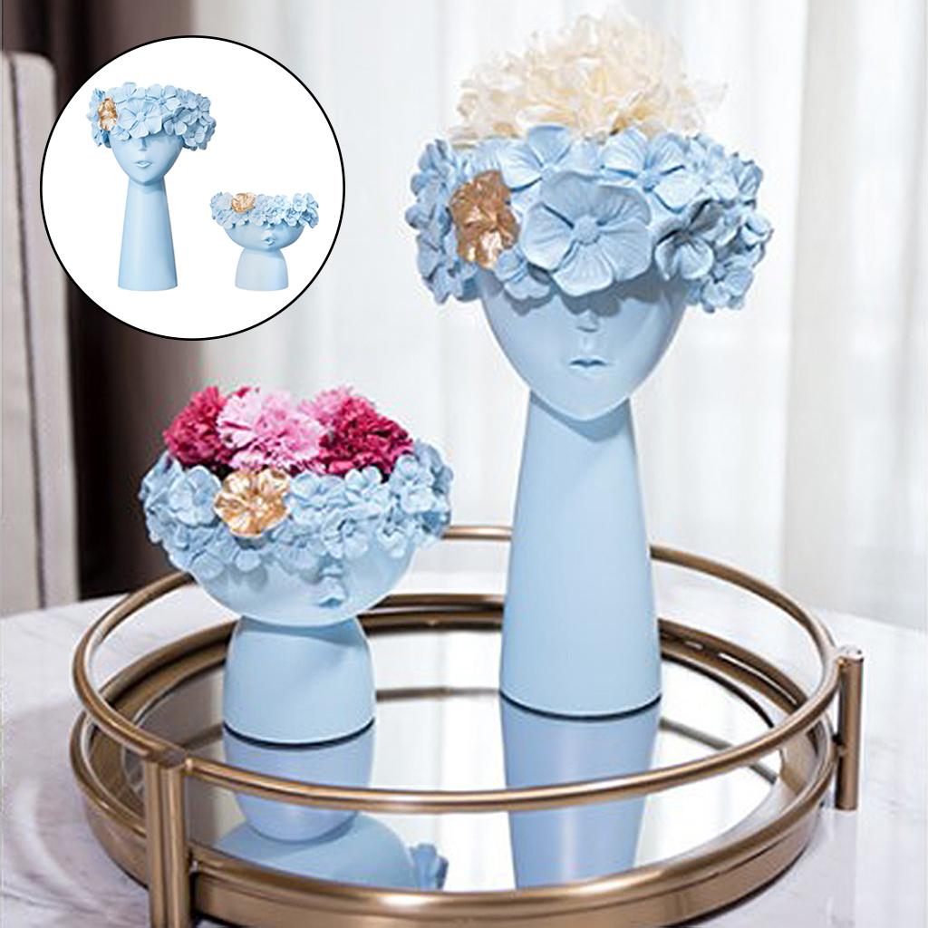 2x Head Flower Vase Statue Table Centerpiece Succulent Plant Pot Light Blue