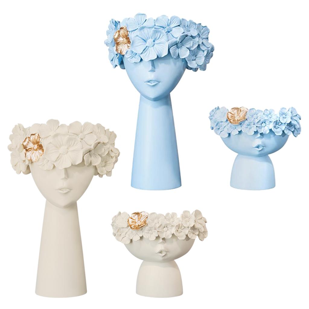 2x Head Flower Vase Statue Table Centerpiece Succulent Plant Pot Light Blue