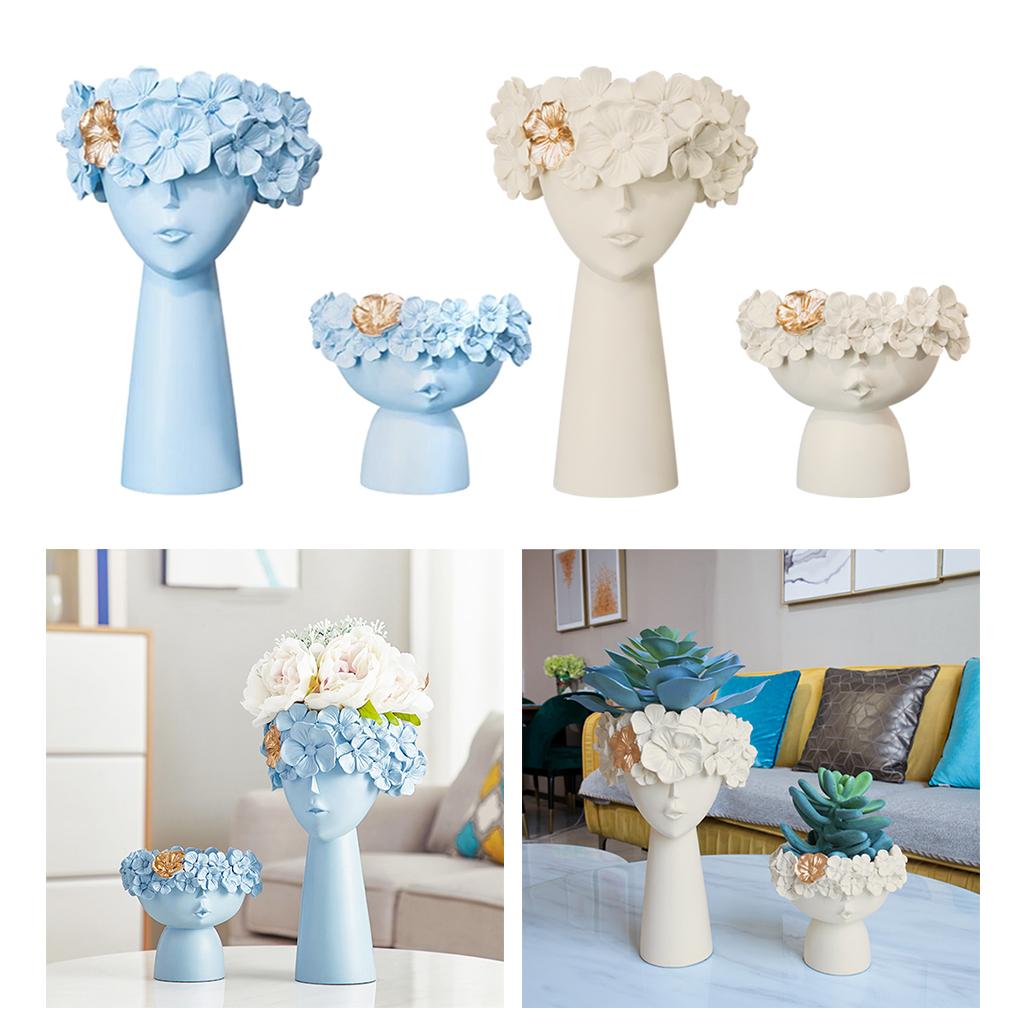 2x Head Flower Vase Statue Table Centerpiece Succulent Plant Pot Light Blue