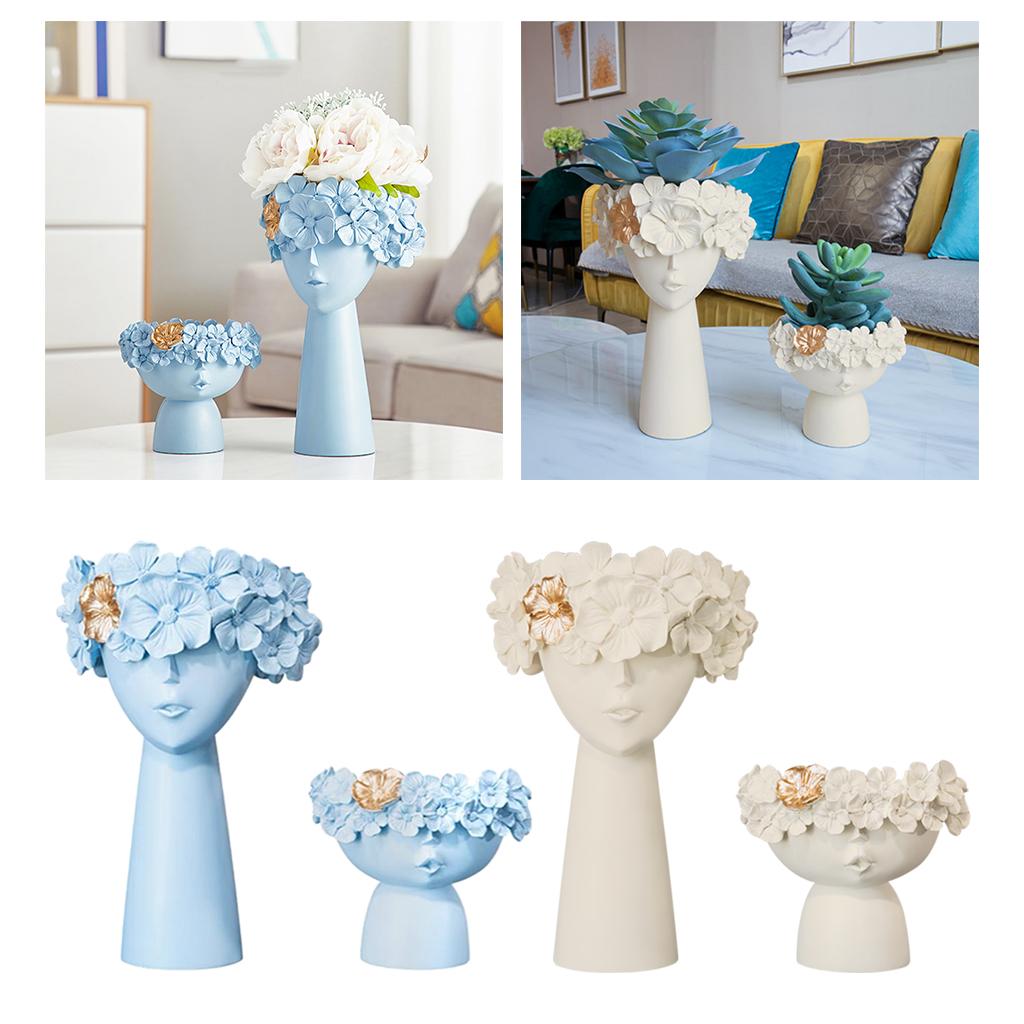 2x Head Flower Vase Statue Table Centerpiece Succulent Plant Pot Light Blue