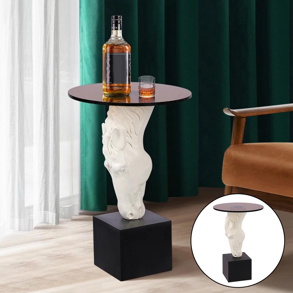 Modern Side Coffee Table Glass Top Furniture Horse Resin Statue White