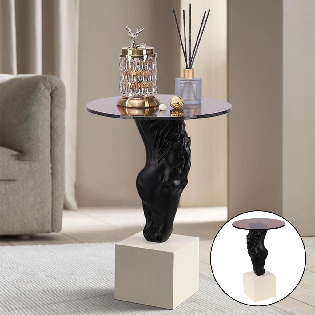 Modern Side Coffee Table Glass Top Furniture Horse Resin Statue Black