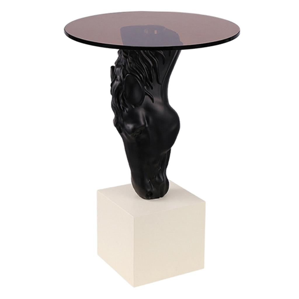 Modern Side Coffee Table Glass Top Furniture Horse Resin Statue Black