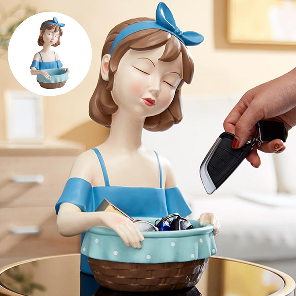 Girls figurine Statue Key Organizer Storage Basket Desktop Ornament Blue