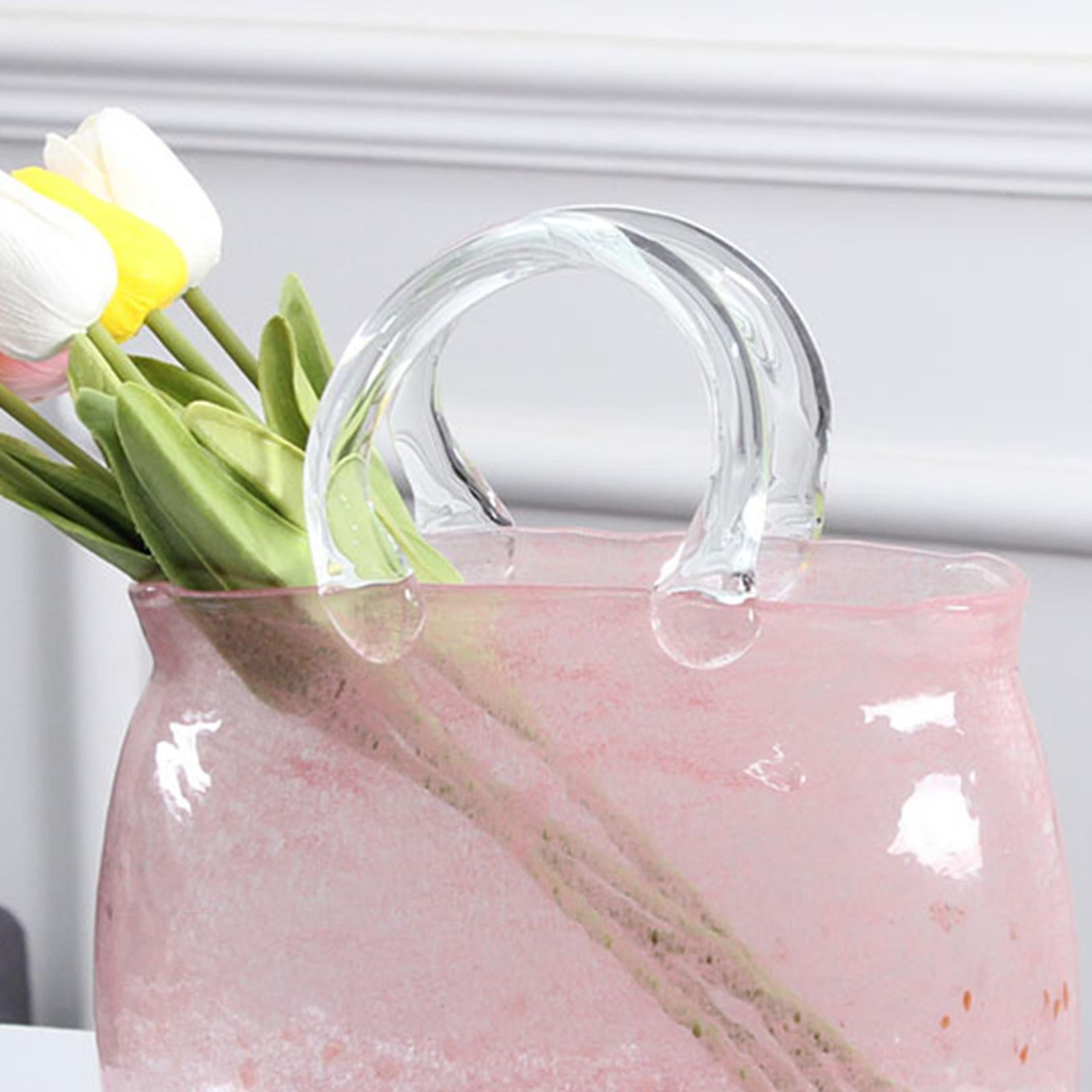 Glass Bag Vase with Handle Cherry Pink Living Room Indoor Romantic Ornaments Handbag