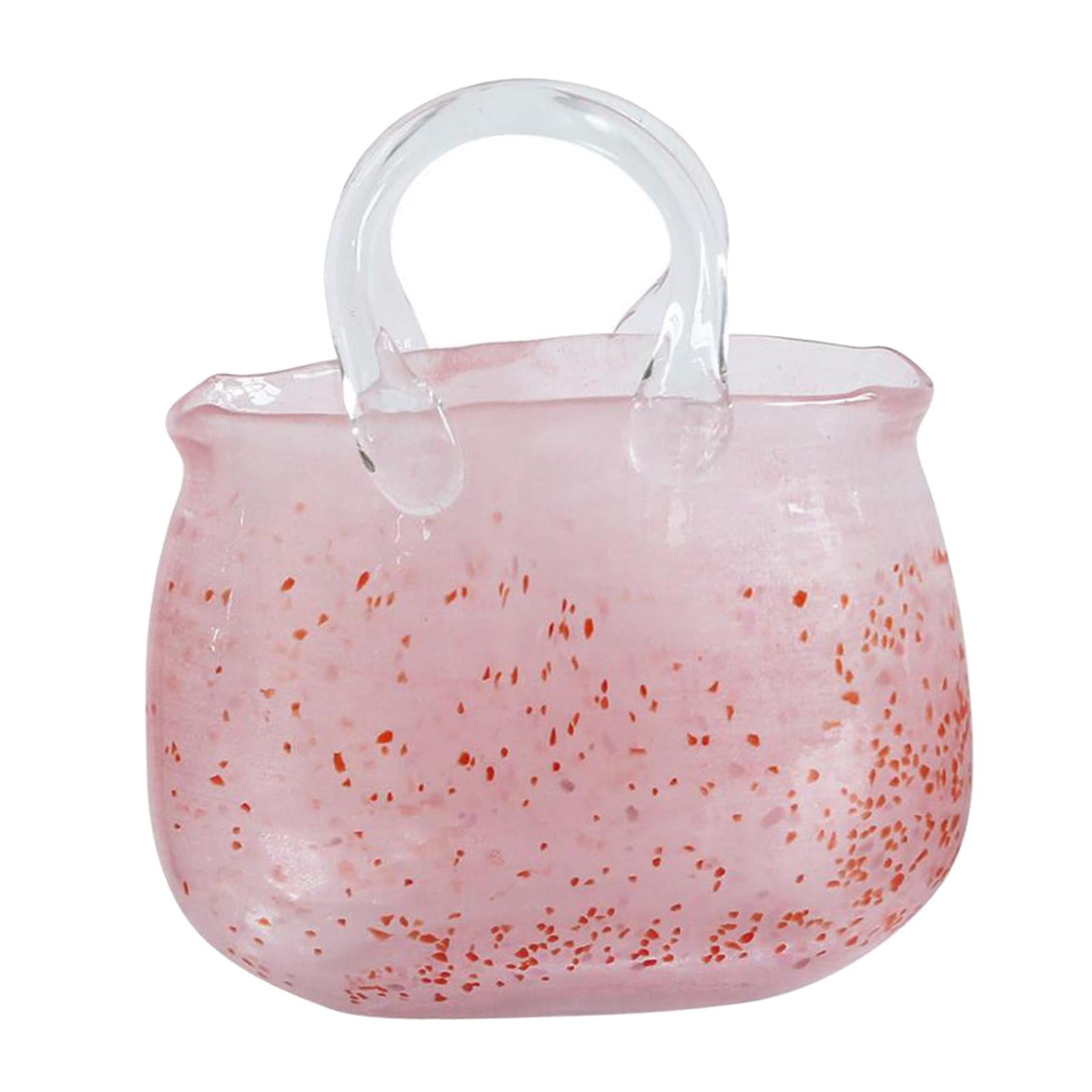 Glass Bag Vase with Handle Cherry Pink Living Room Indoor Romantic Ornaments Handbag