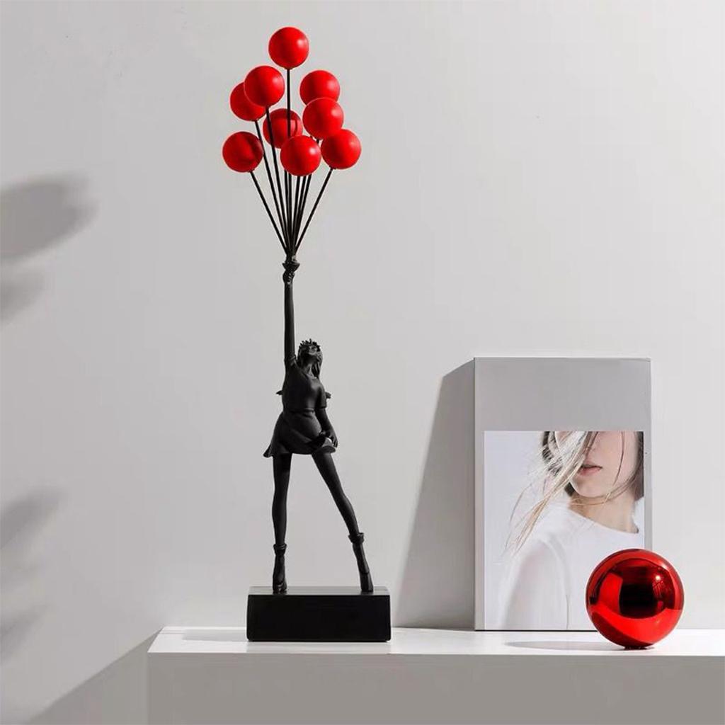 Resin Girl Sculpture Ornament Figurine Statue Office Home Balloon Black