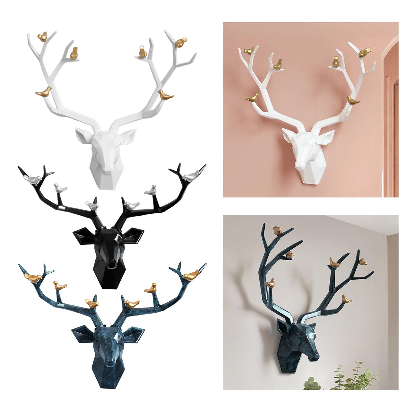 3D Deer Head Figurine Antlers Wall Mounted for Living Room Hotel Decor white