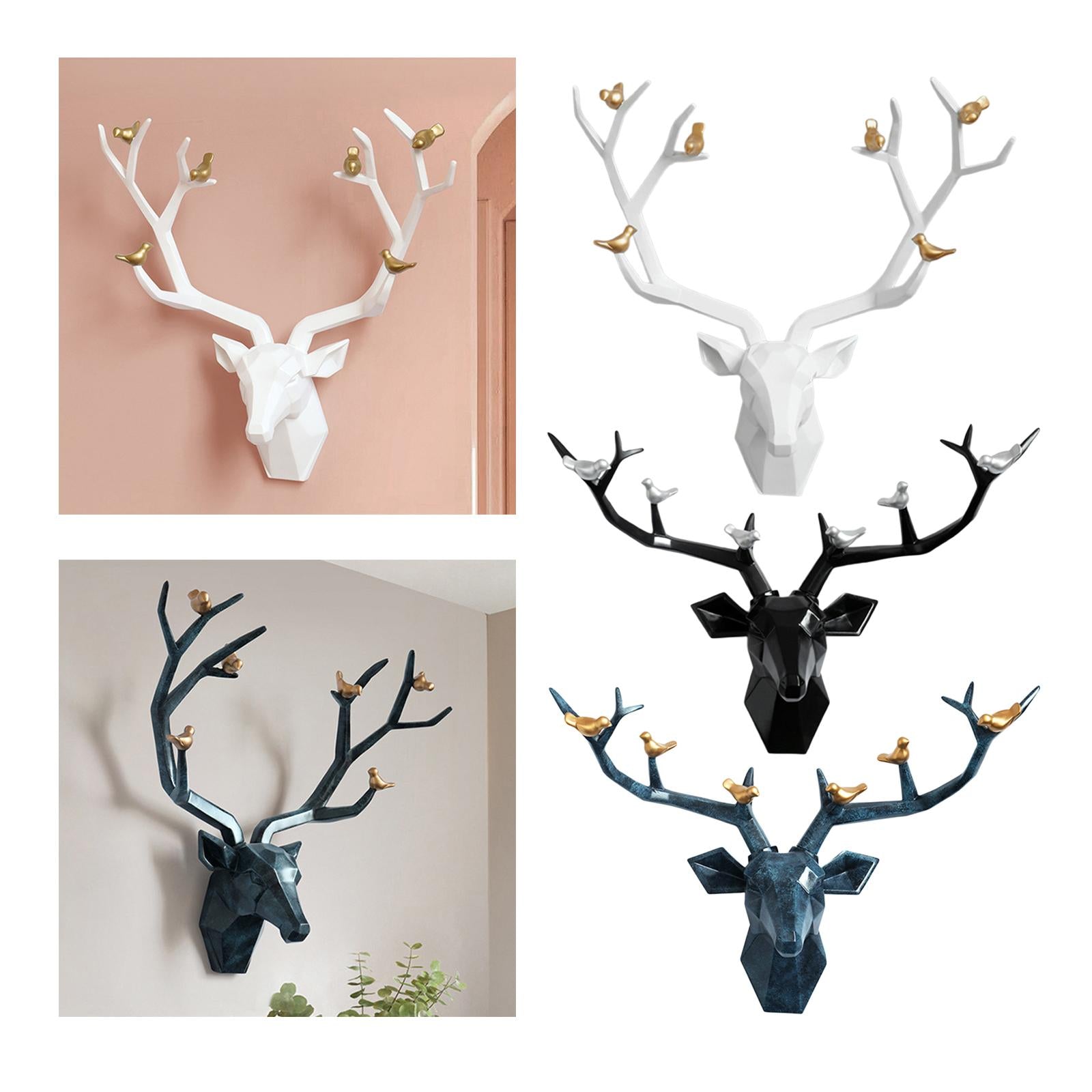 3D Deer Head Figurine Antlers Wall Mounted for Living Room Hotel Decor white