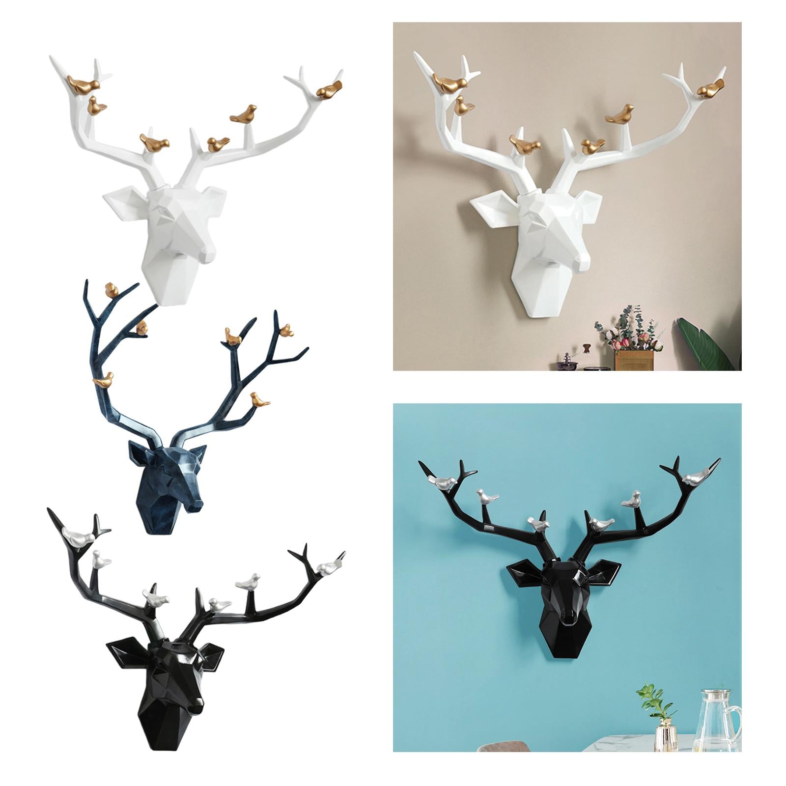 3D Deer Head Figurine Antlers Wall Mounted for Living Room Hotel Decor white