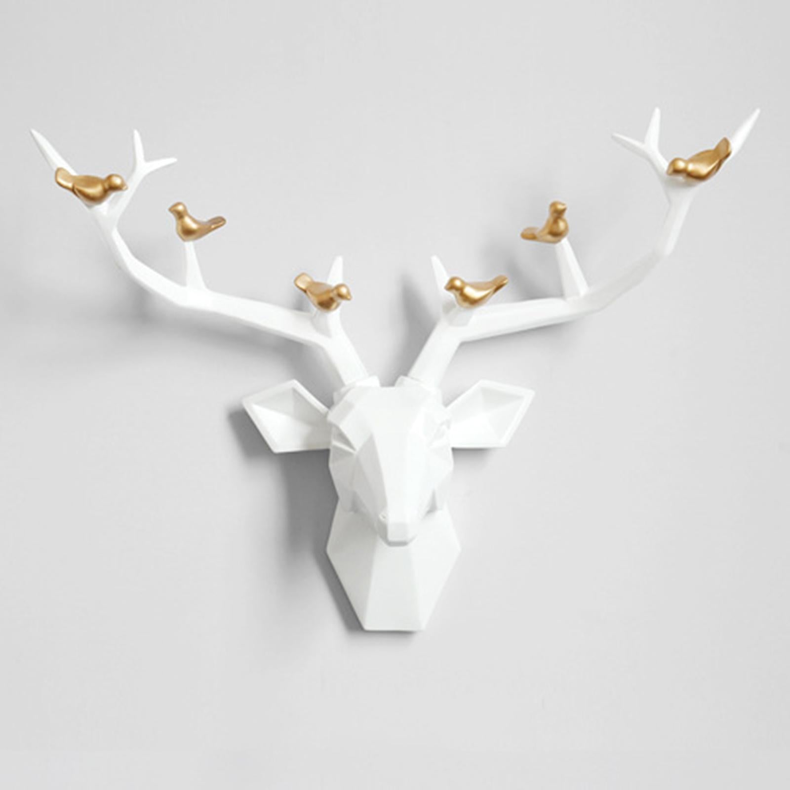 3D Deer Head Figurine Antlers Wall Mounted for Living Room Hotel Decor white