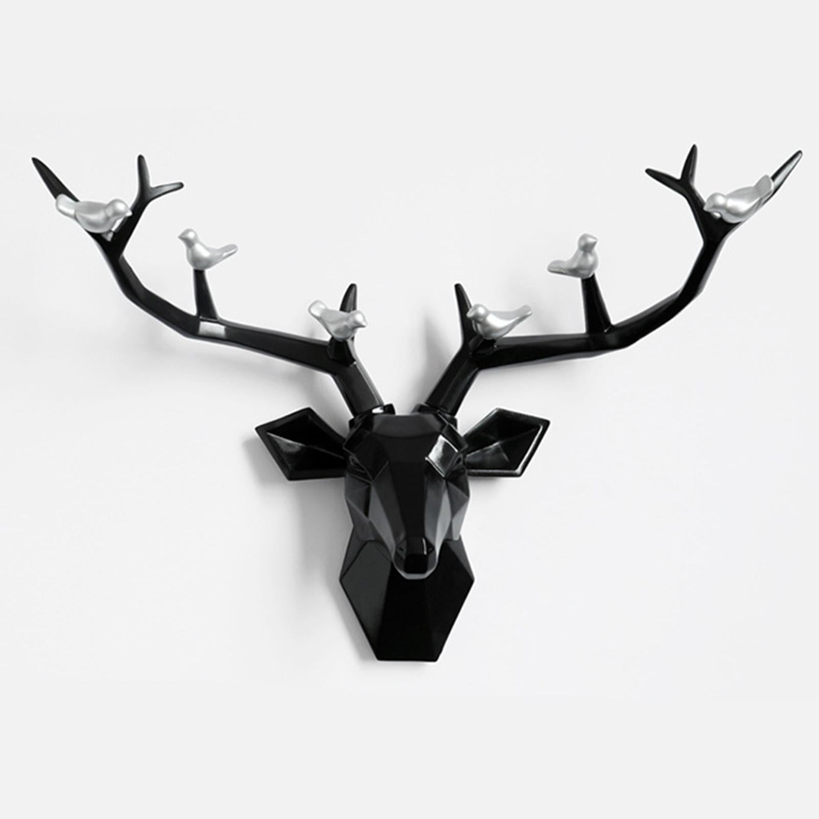 3D Deer Head Figurine Antlers Wall Mounted for Living Room Hotel Decor black