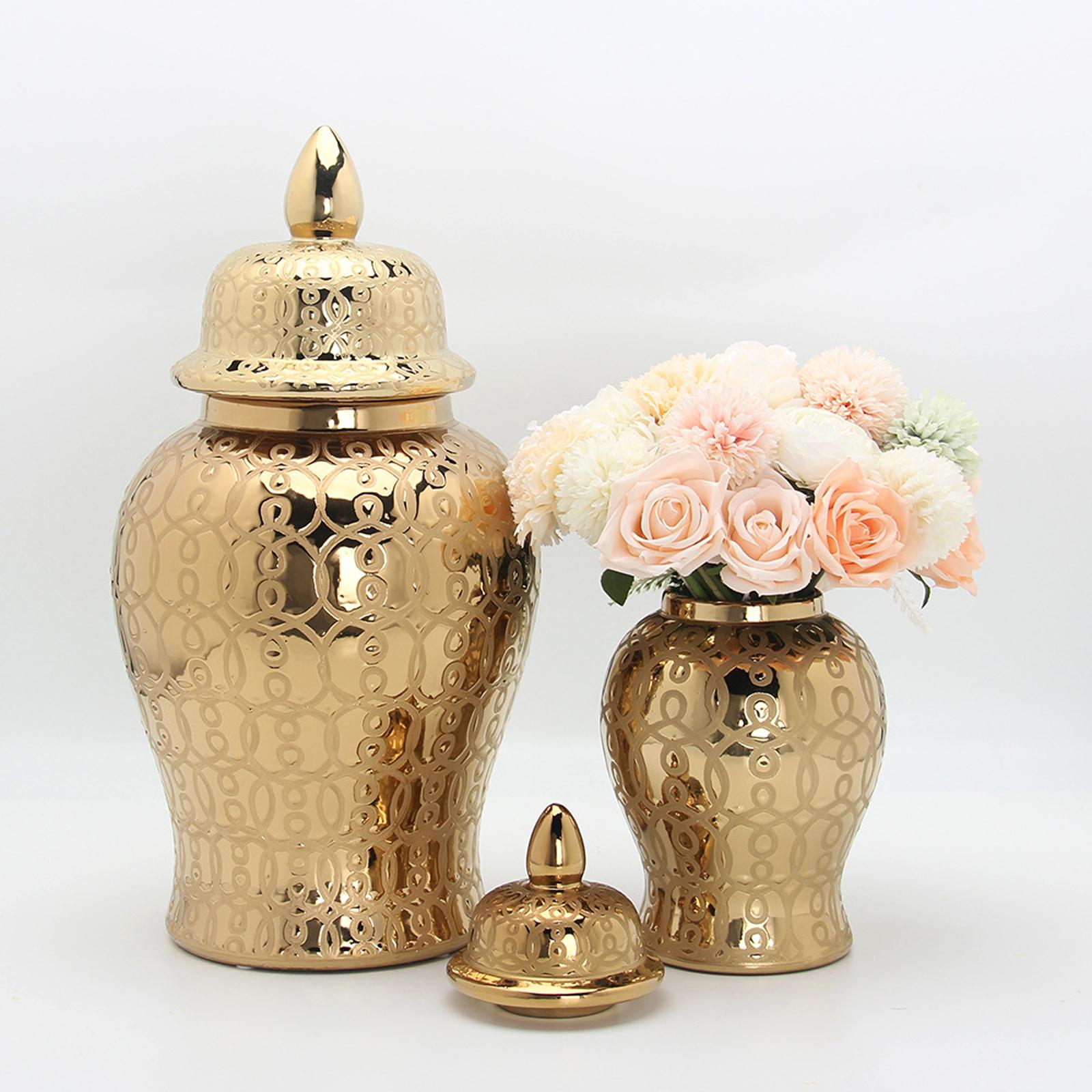 Traditional Ceramic Ginger Jar Storage Jar Flower Vase for Weddings Decor Gold 