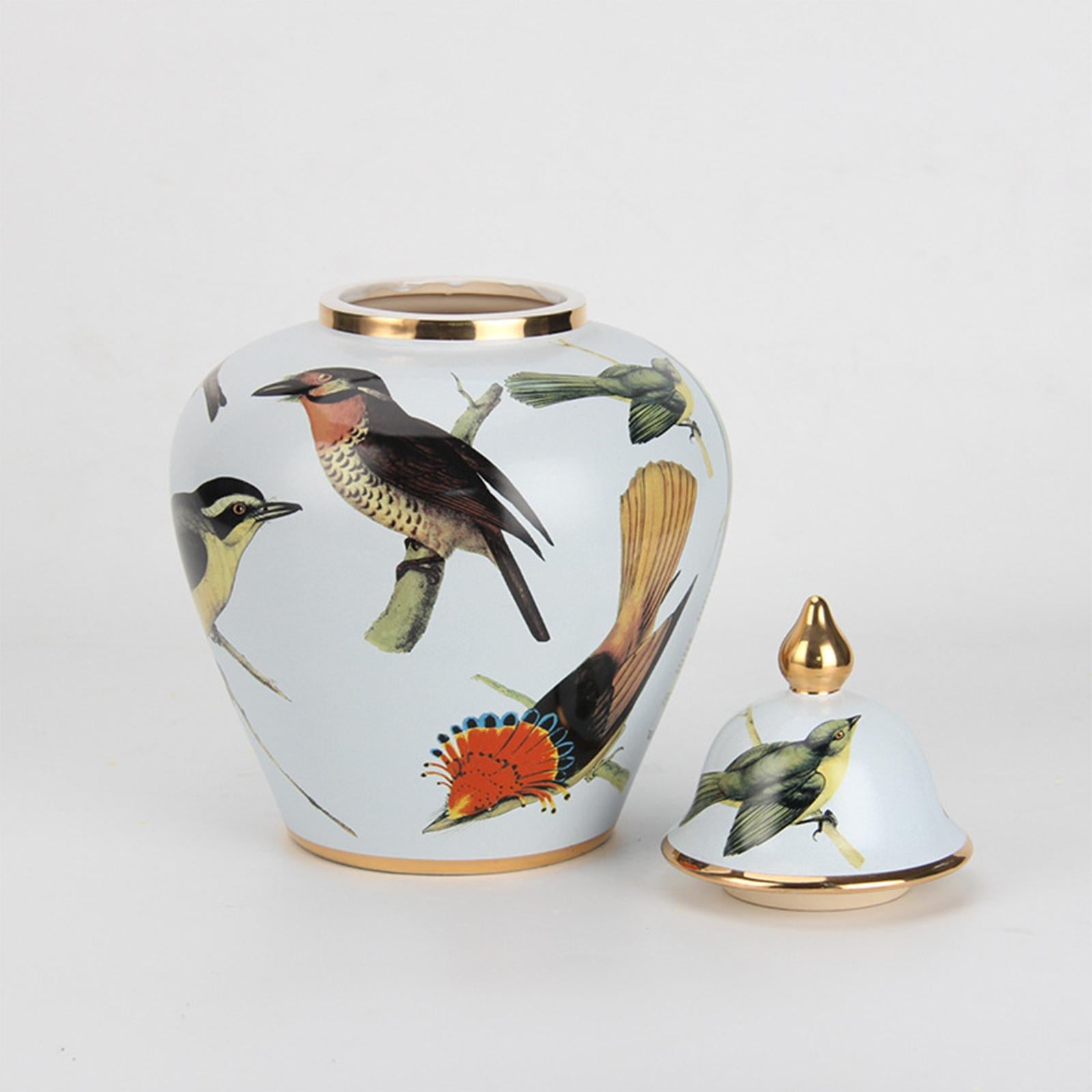 Bird Pattern Ceramic Ginger Jar Temple Jar Oriental Style Traditional Glazed