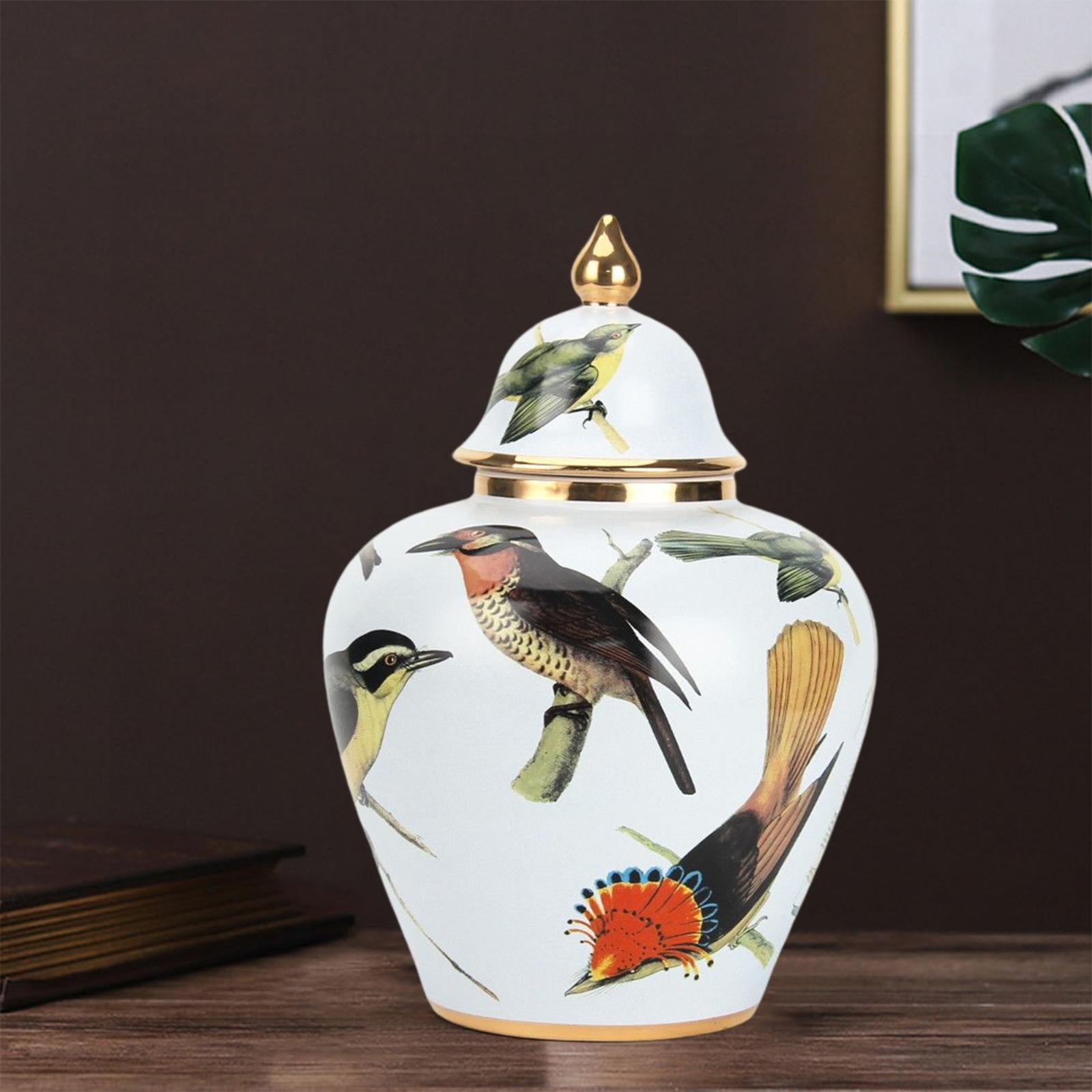 Bird Pattern Ceramic Ginger Jar Temple Jar Oriental Style Traditional Glazed