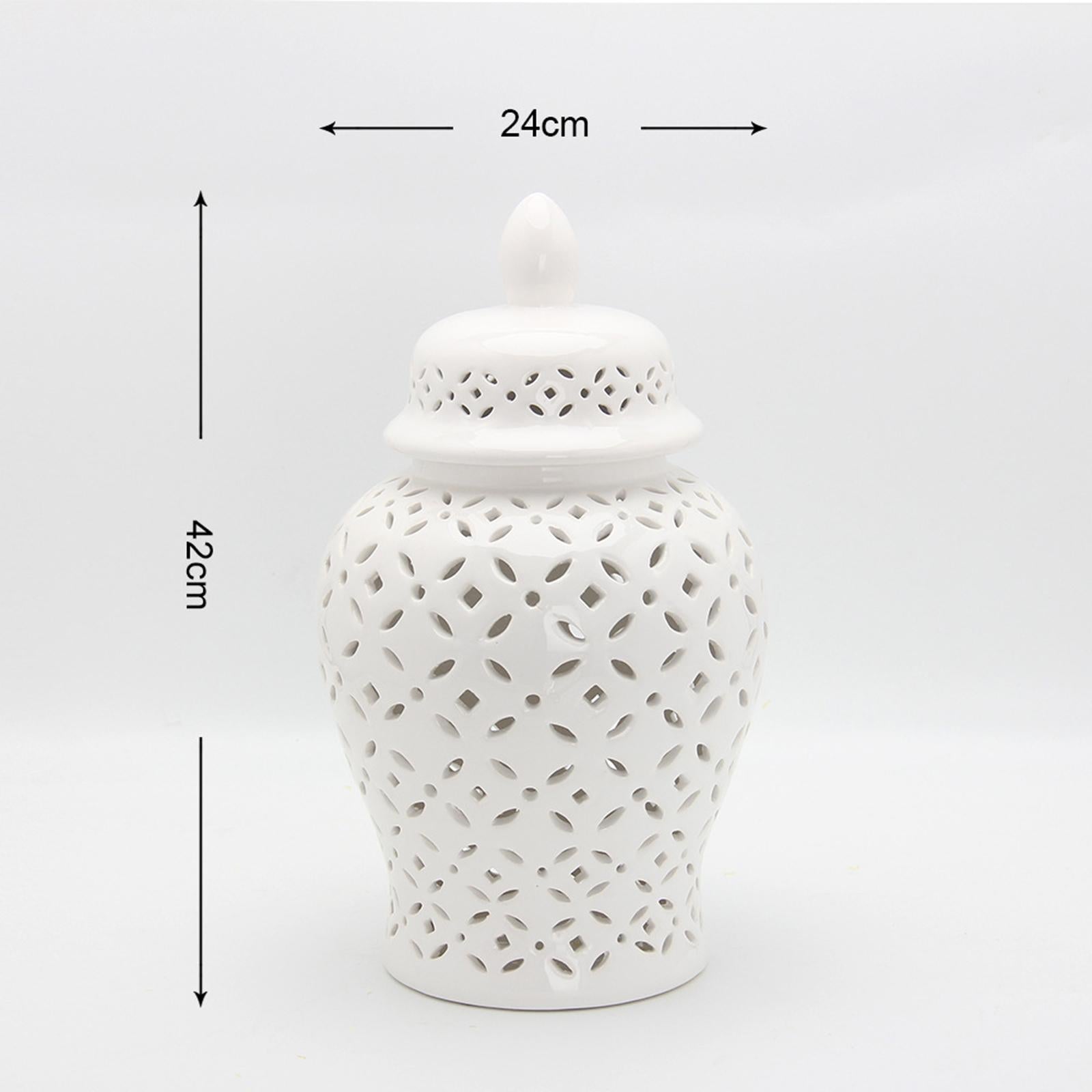 Carved Lattice White Ceramic Ginger Jar with Lid Versatile Living Room Decor Size S