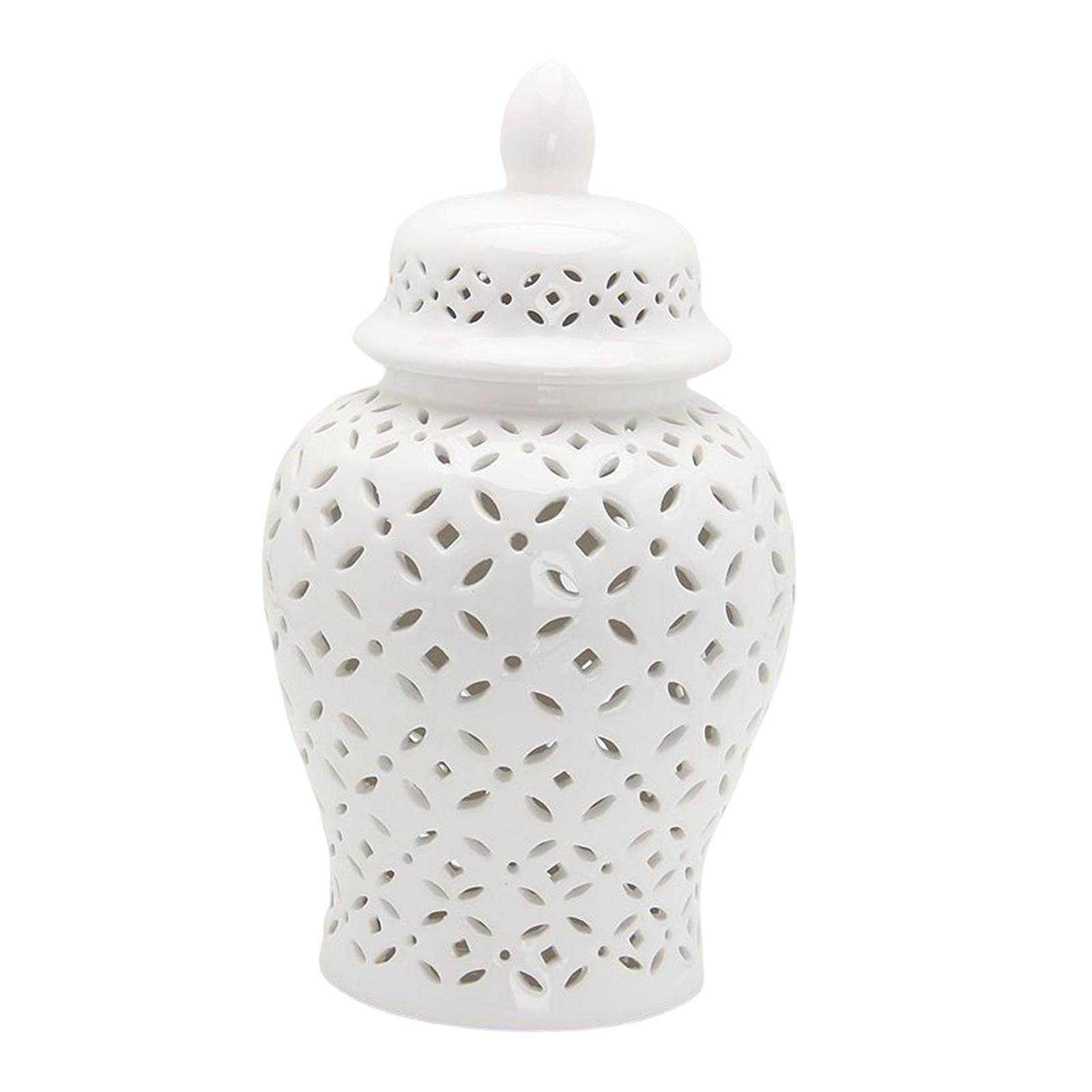 Carved Lattice White Ceramic Ginger Jar with Lid Versatile Living Room Decor Size S