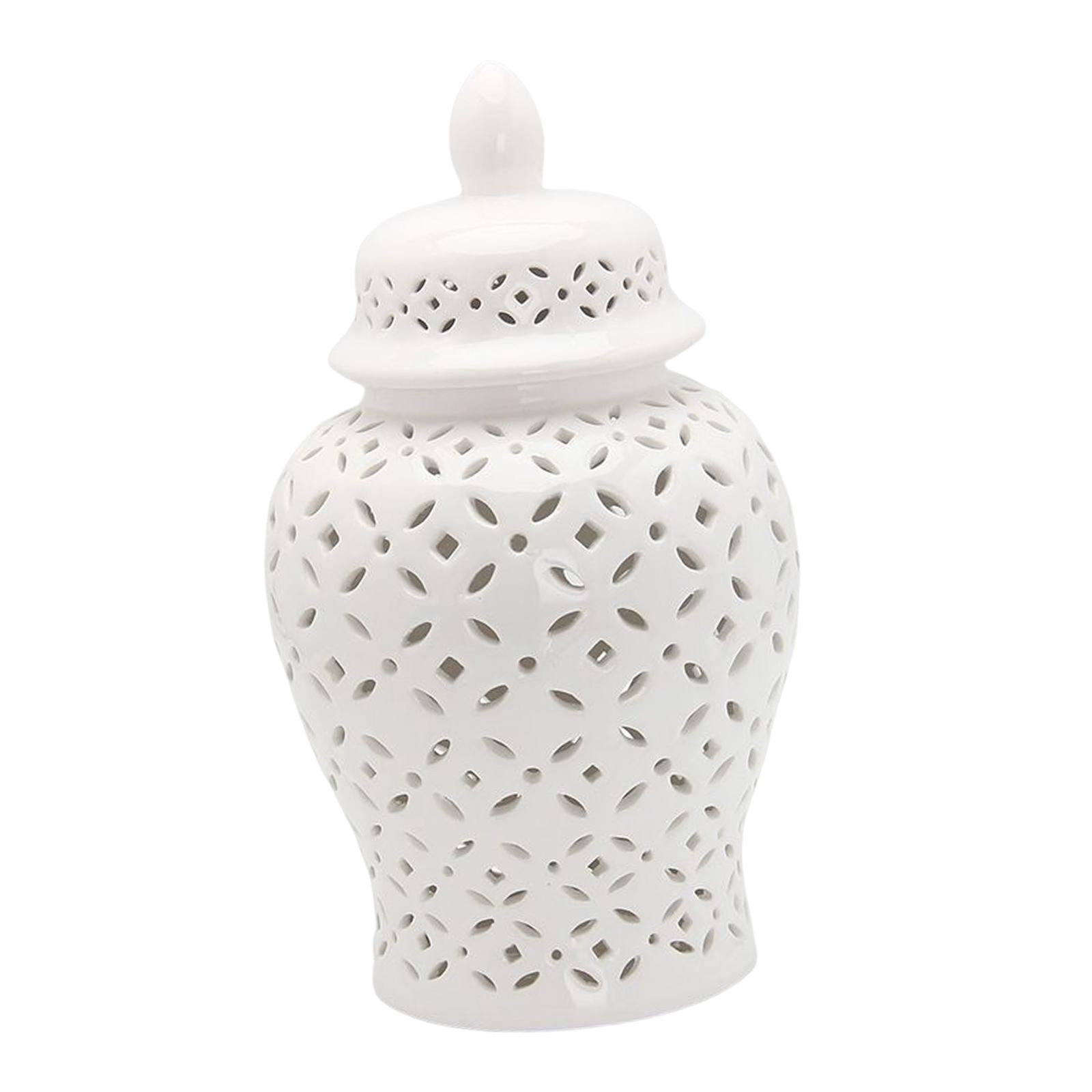 Carved Lattice White Ceramic Ginger Jar with Lid Versatile Living Room Decor Size S