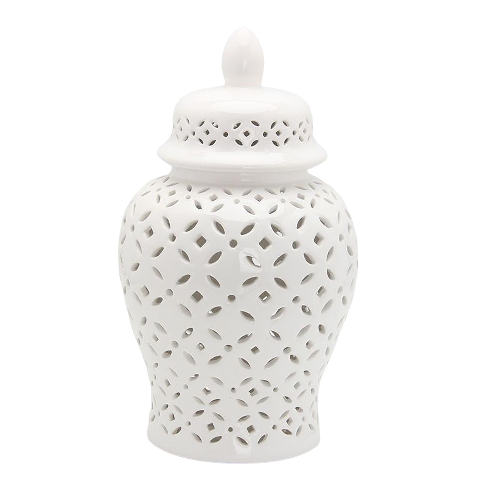 Carved Lattice White Ceramic Ginger Jar with Lid Versatile Living Room Decor Size S