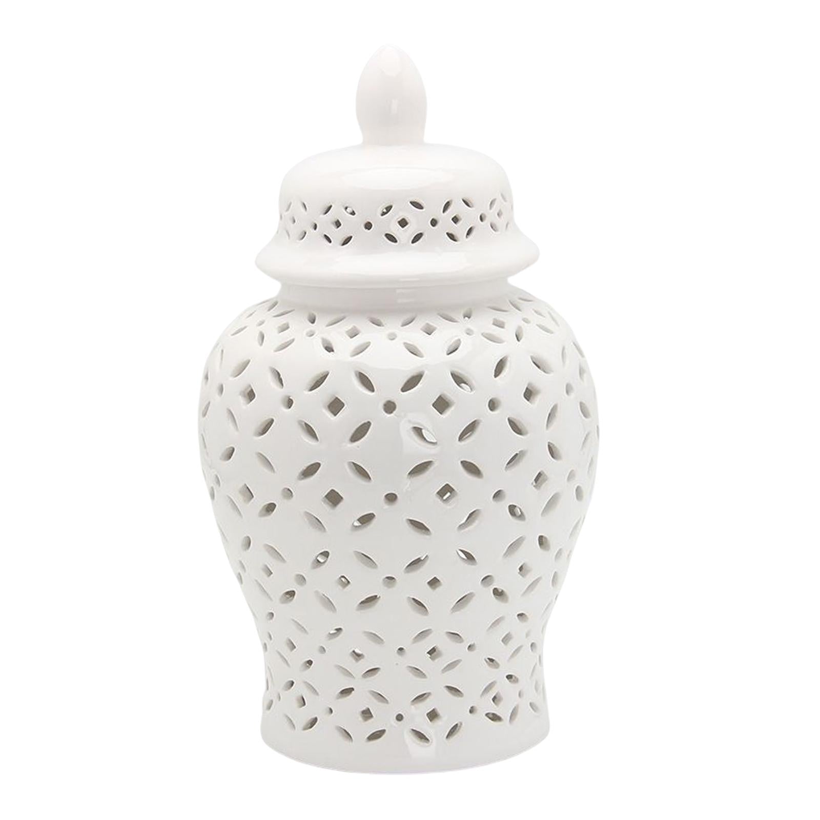 Carved Lattice White Ceramic Ginger Jar with Lid Versatile Living Room Decor Size S