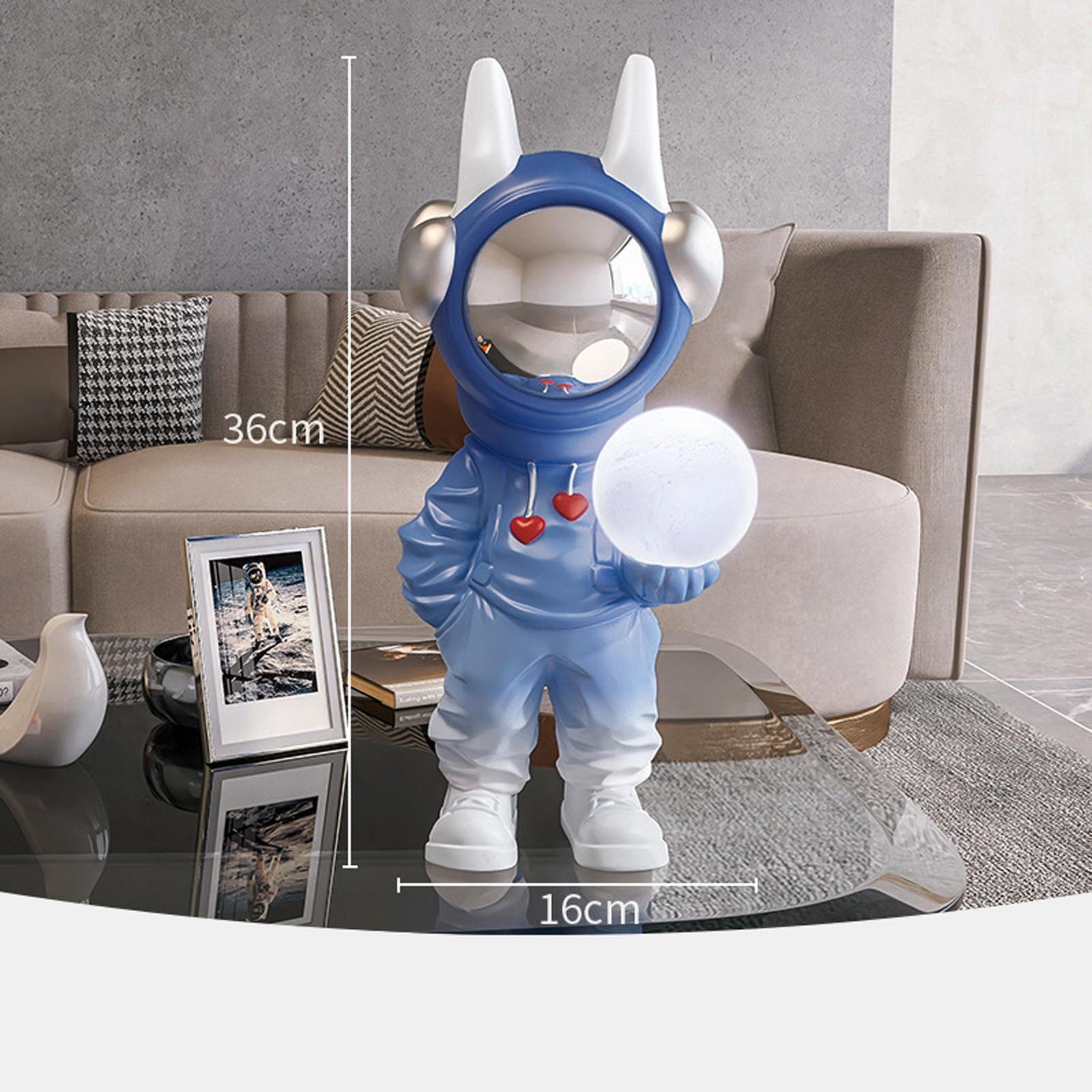 Spaceman Figurine Sculpture Holding Lamp Floor Ornament Adornment Cute Blue