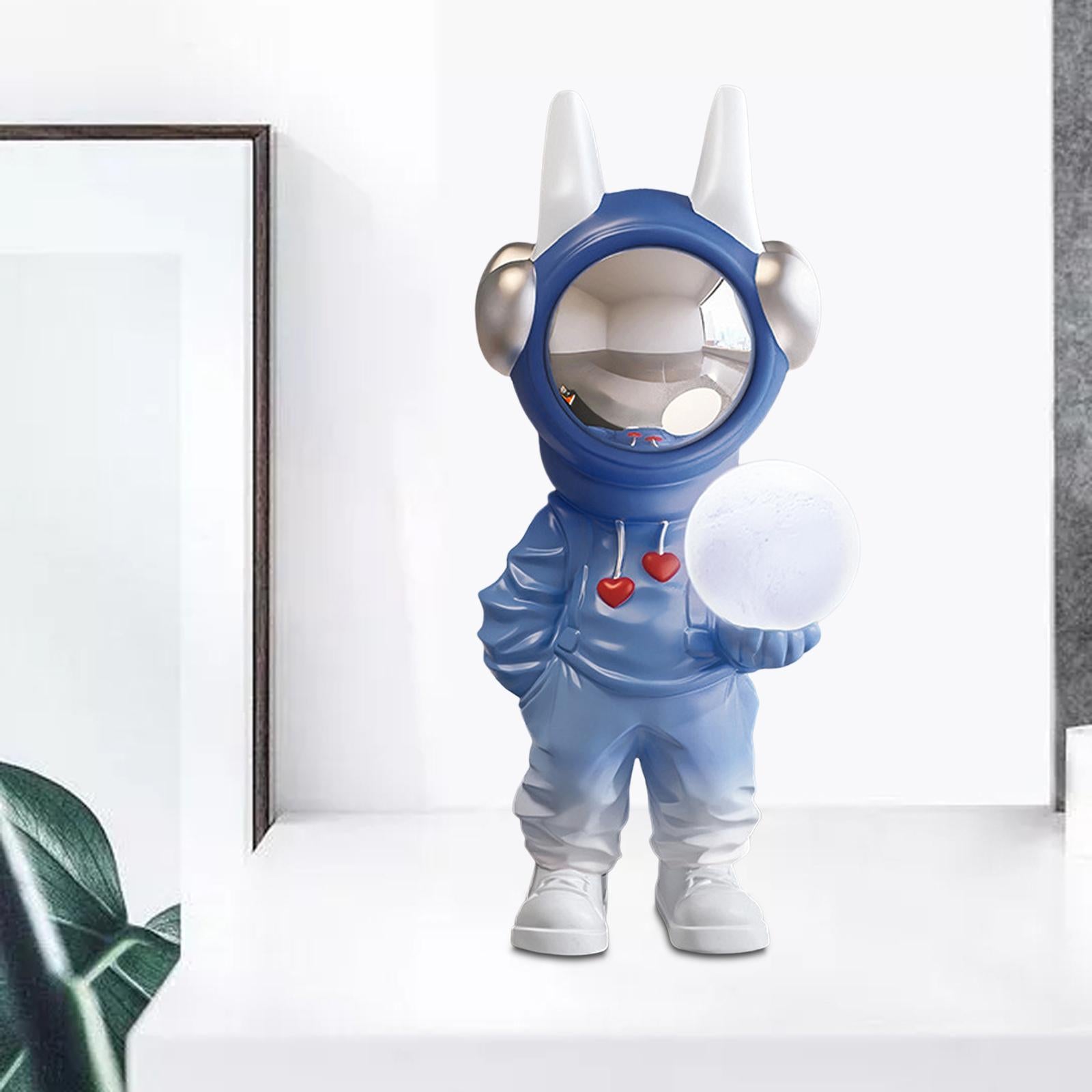 Spaceman Figurine Sculpture Holding Lamp Floor Ornament Adornment Cute Blue