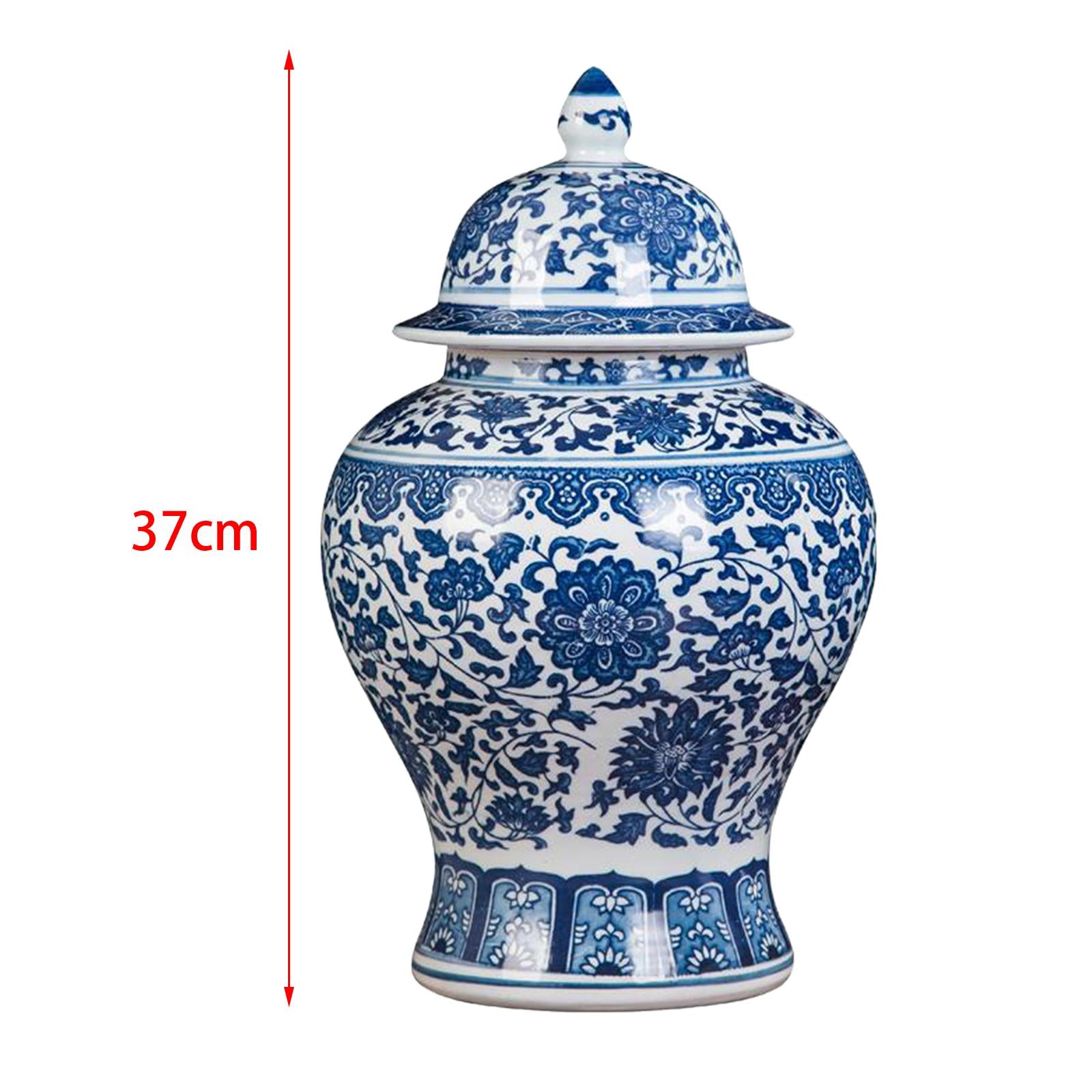 Blue and White Porcelain Temple Jar Vase for Fireplace Living Room Entryway L