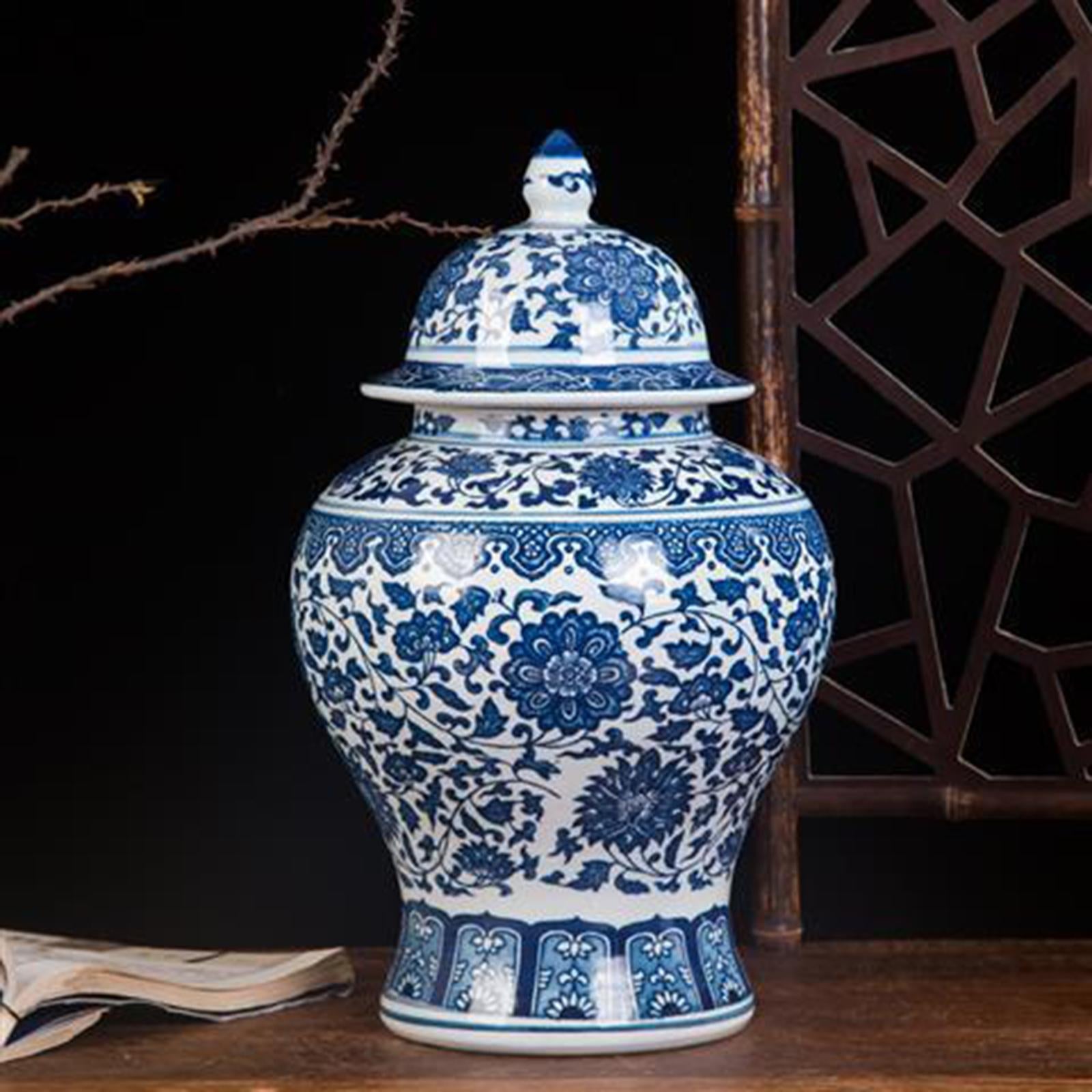 Blue and White Porcelain Temple Jar Vase for Fireplace Living Room Entryway L