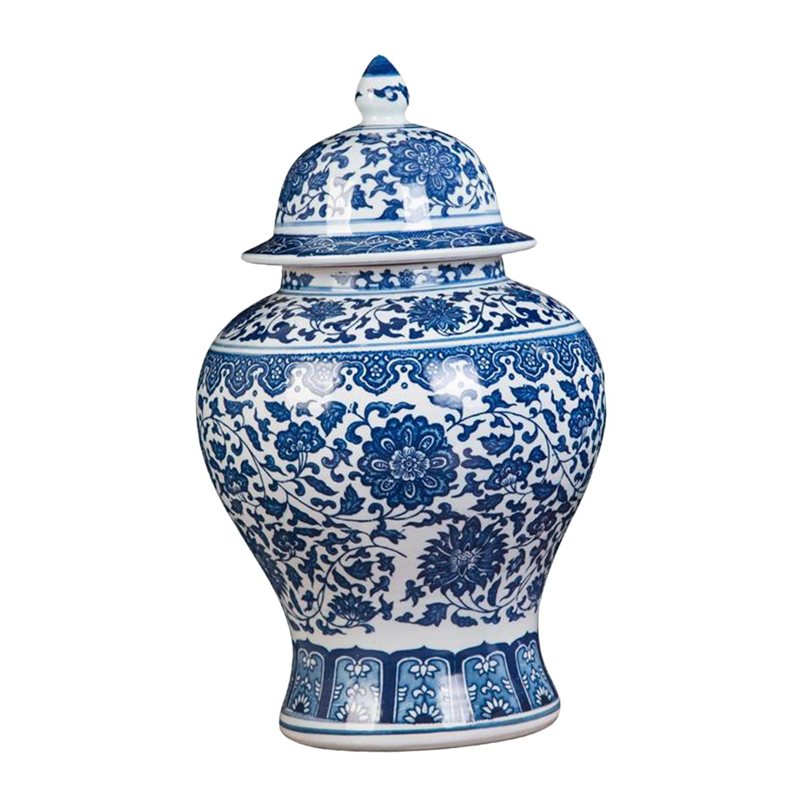 Blue and White Porcelain Temple Jar Vase for Fireplace Living Room Entryway L