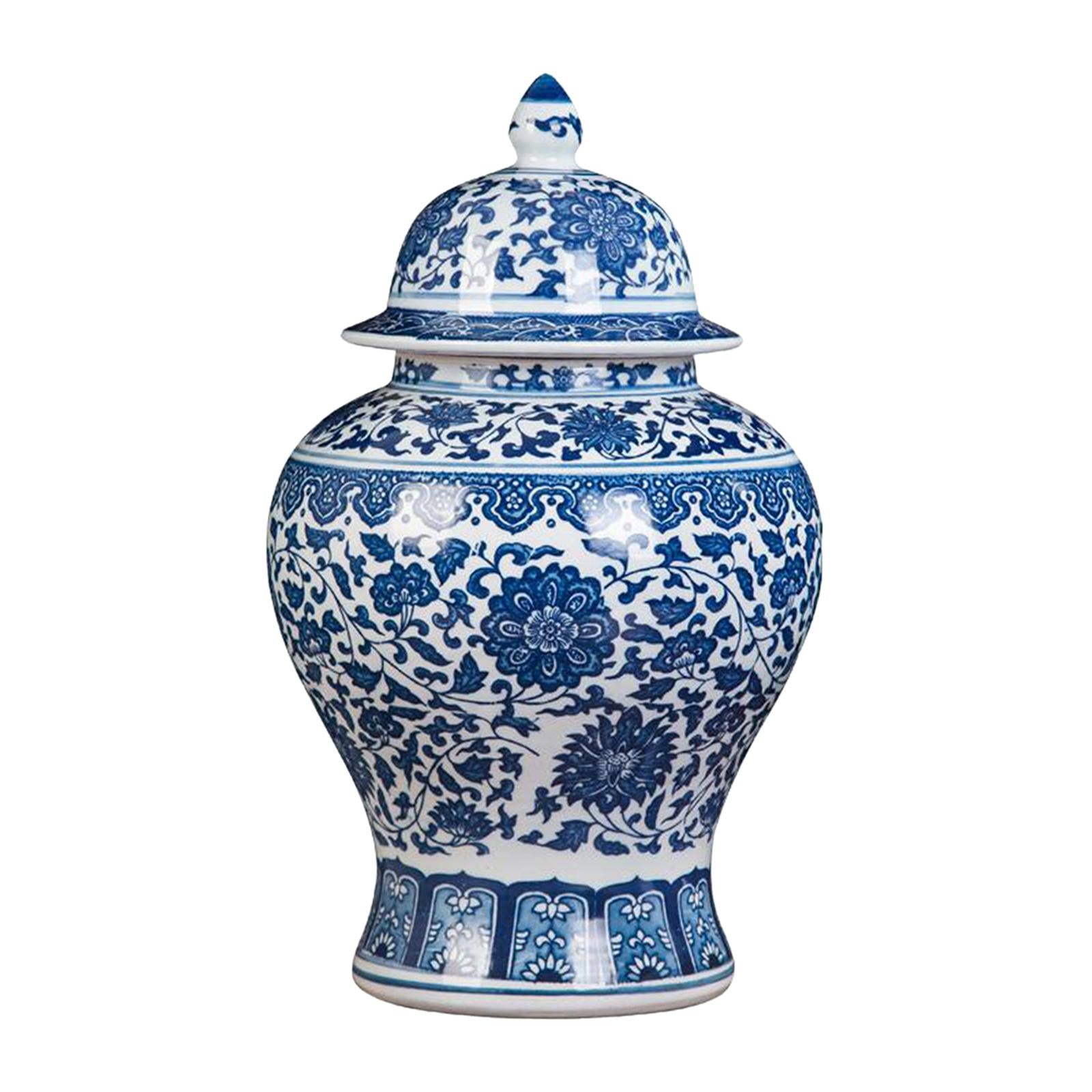 Blue and White Porcelain Temple Jar Vase for Fireplace Living Room Entryway L