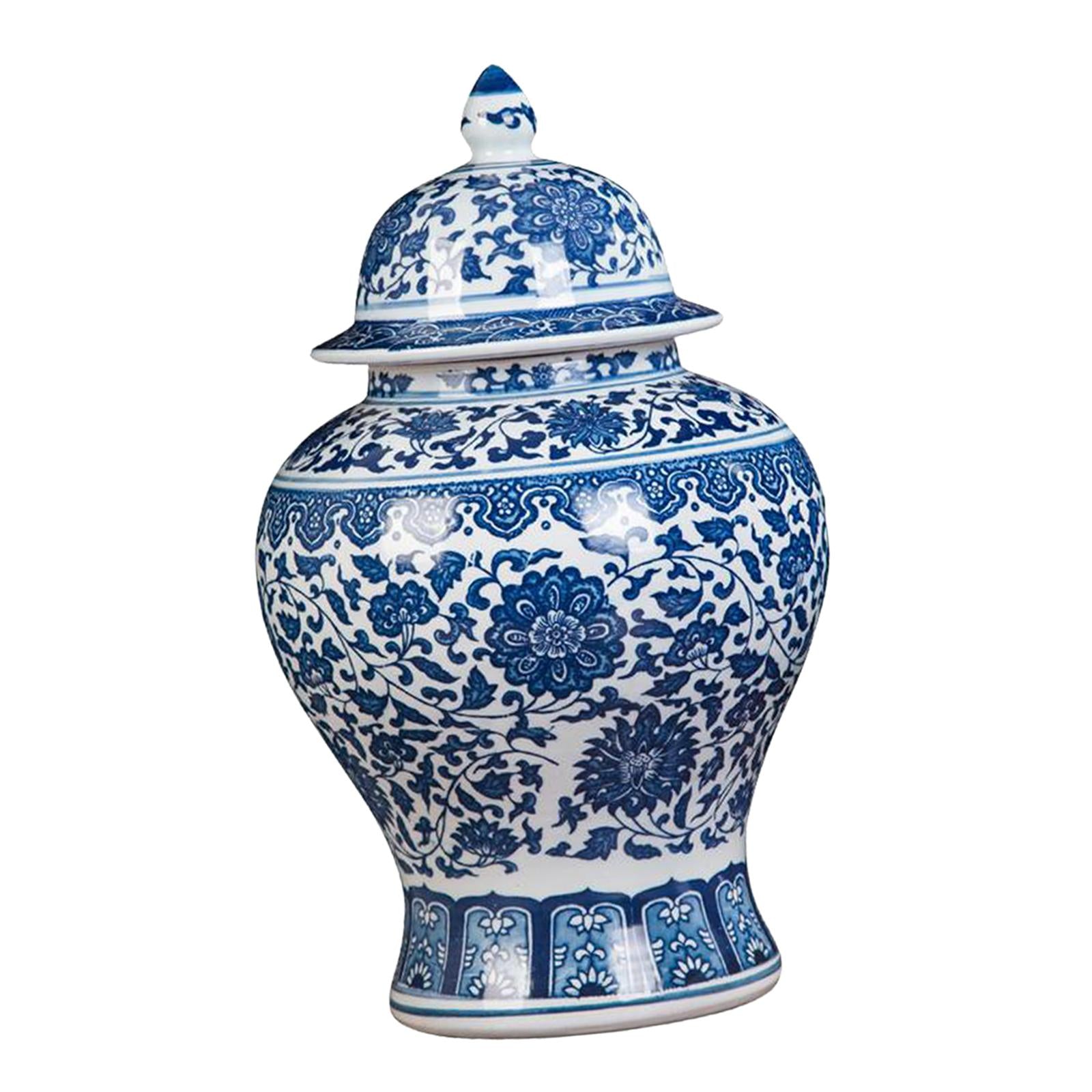 Blue and White Porcelain Temple Jar Vase for Fireplace Living Room Entryway L