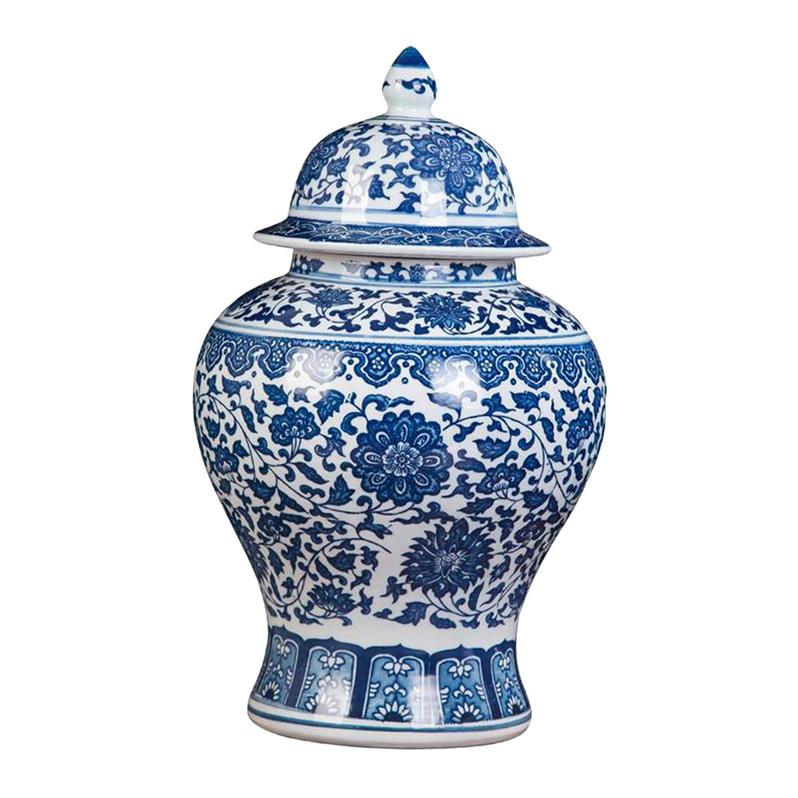 Blue and White Porcelain Temple Jar Vase for Fireplace Living Room Entryway L