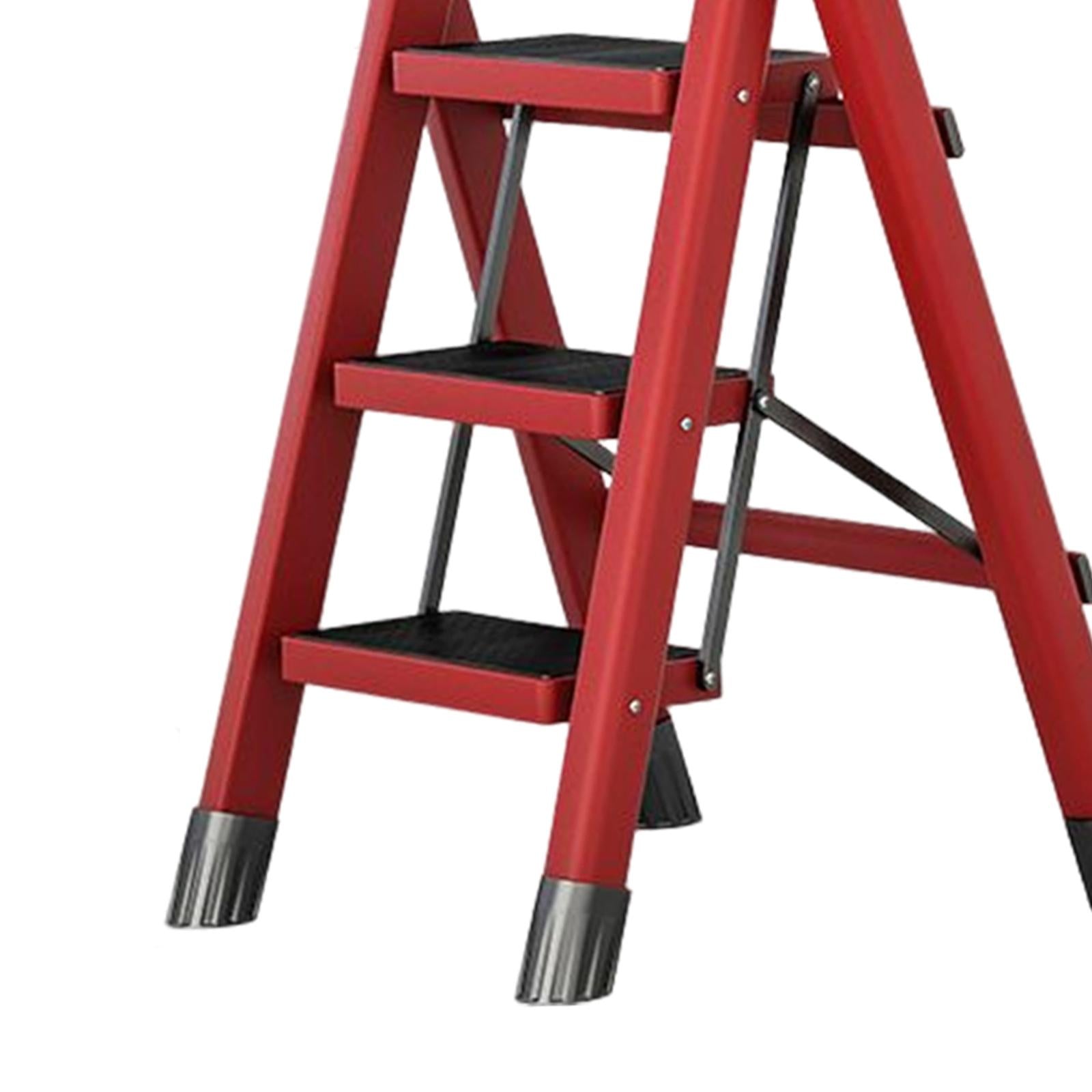 Steel Folding Ladder Stepladder Non Slip for Indoor Outdoor Kitchen Adults Red 3 Step