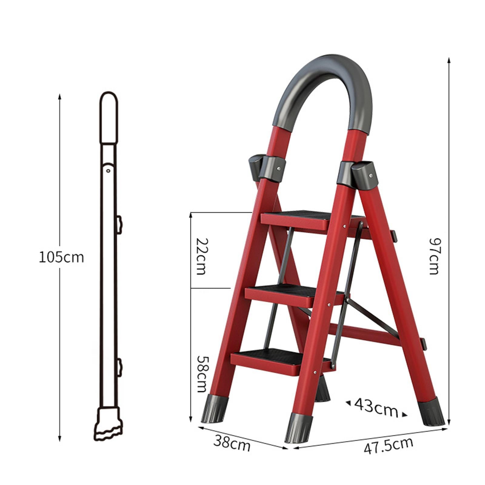 Steel Folding Ladder Stepladder Non Slip for Indoor Outdoor Kitchen Adults Red 3 Step