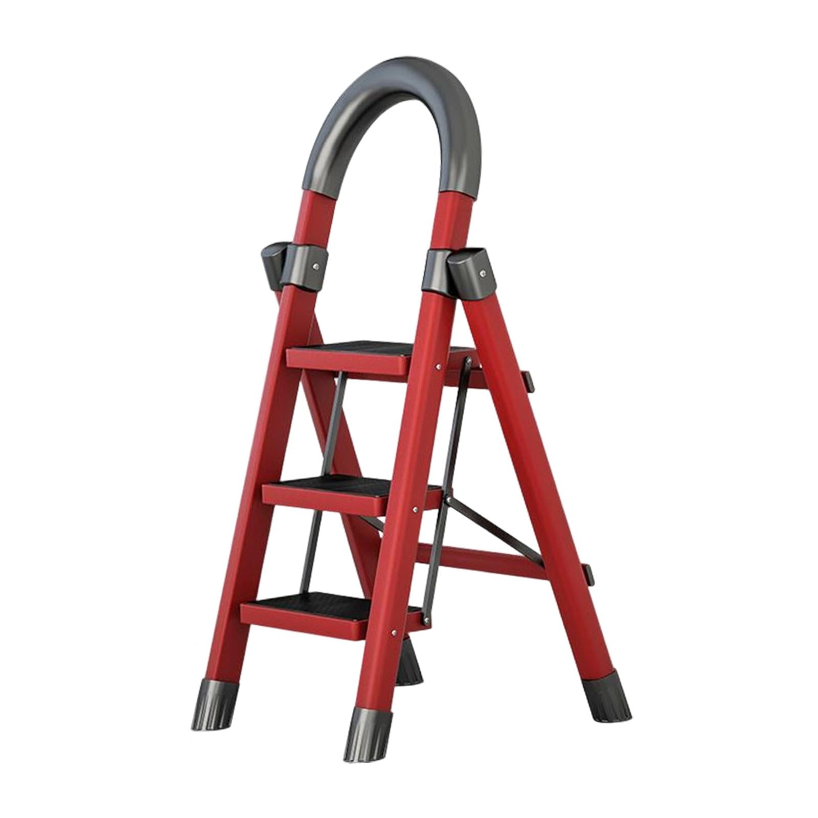 Steel Folding Ladder Stepladder Non Slip for Indoor Outdoor Kitchen Adults Red 3 Step